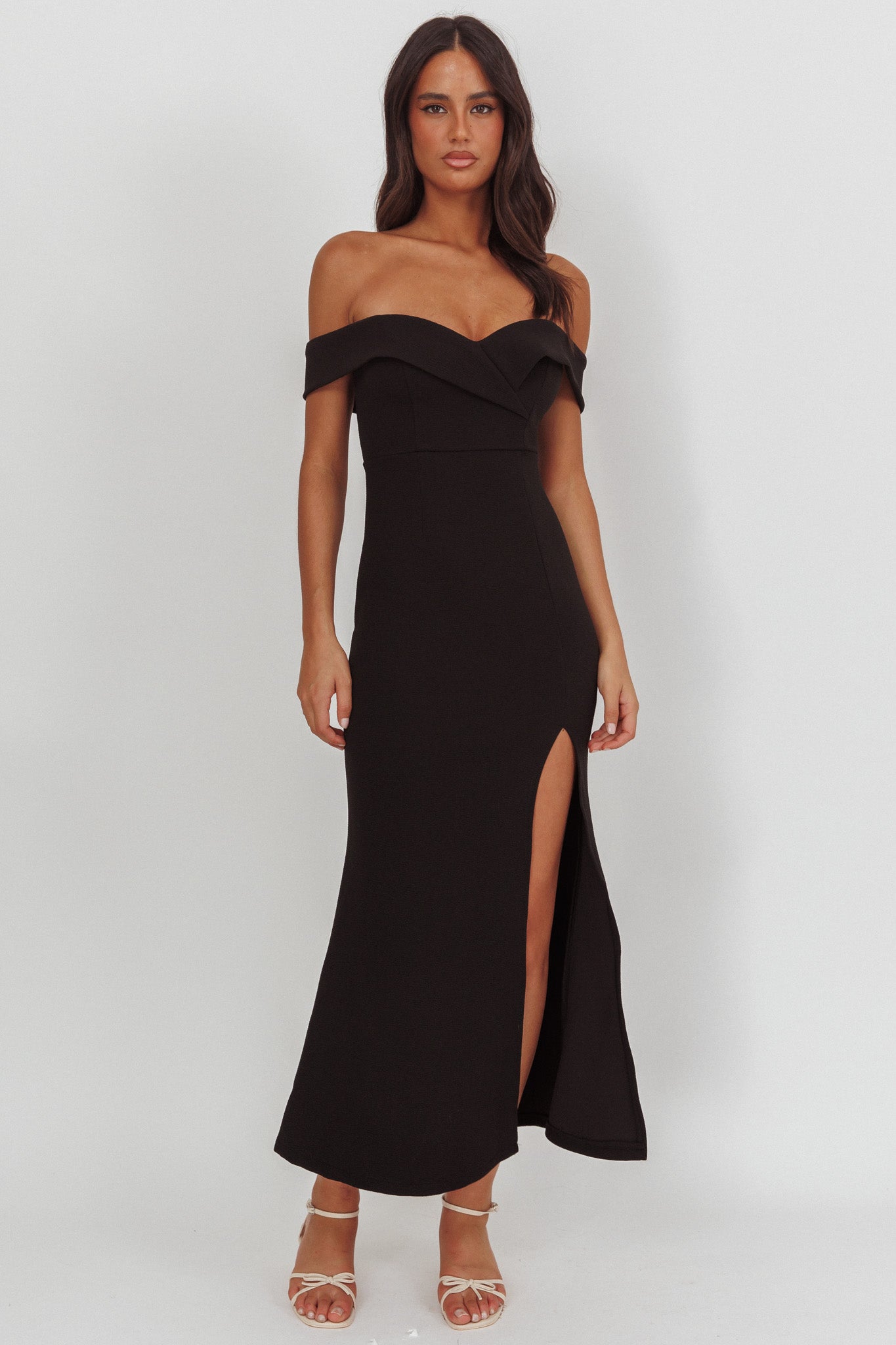 Rider Off-Shoulder Front Split Maxi Dress Black– Selfie Leslie