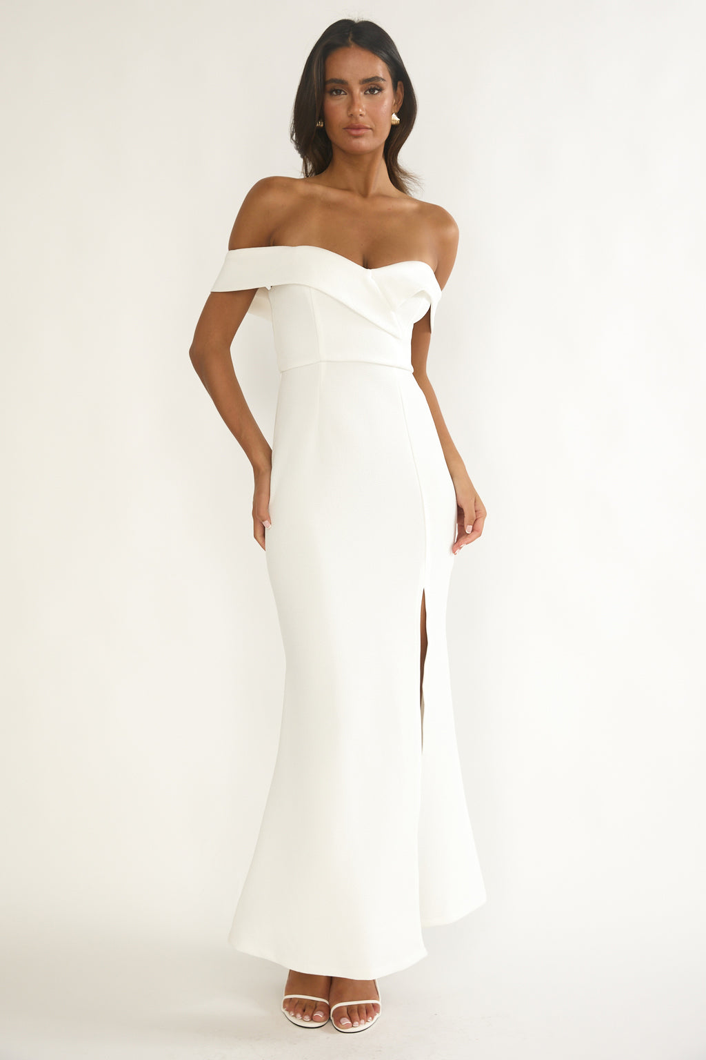 Rider Off-Shoulder Front Split Maxi Dress White by Selfie Leslie