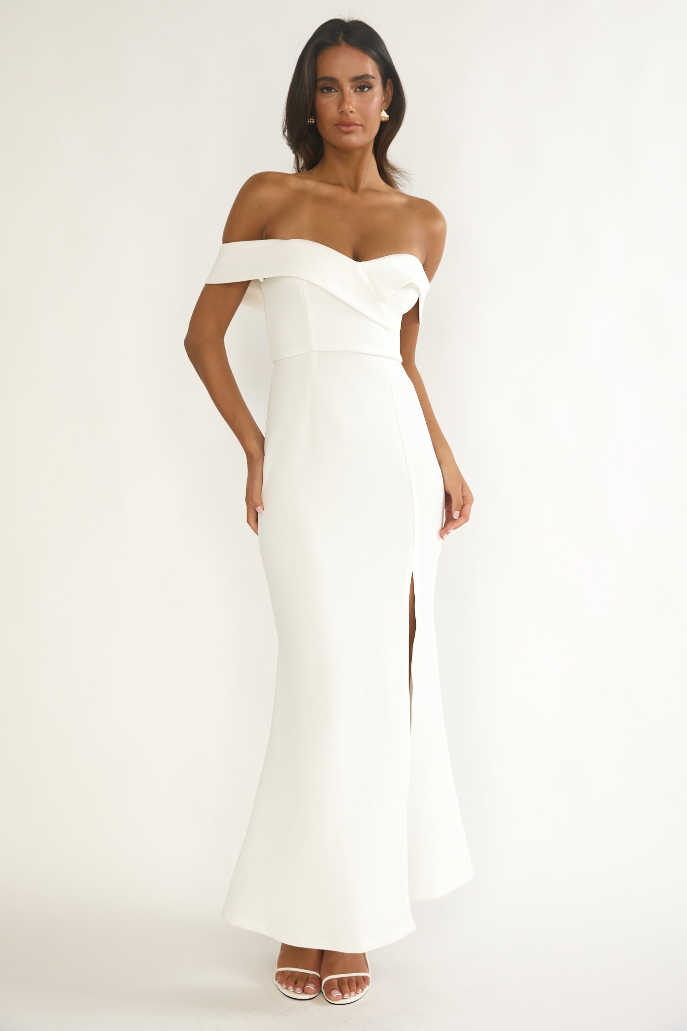 Rider Off-Shoulder Front Split Maxi Dress White by Selfie Leslie