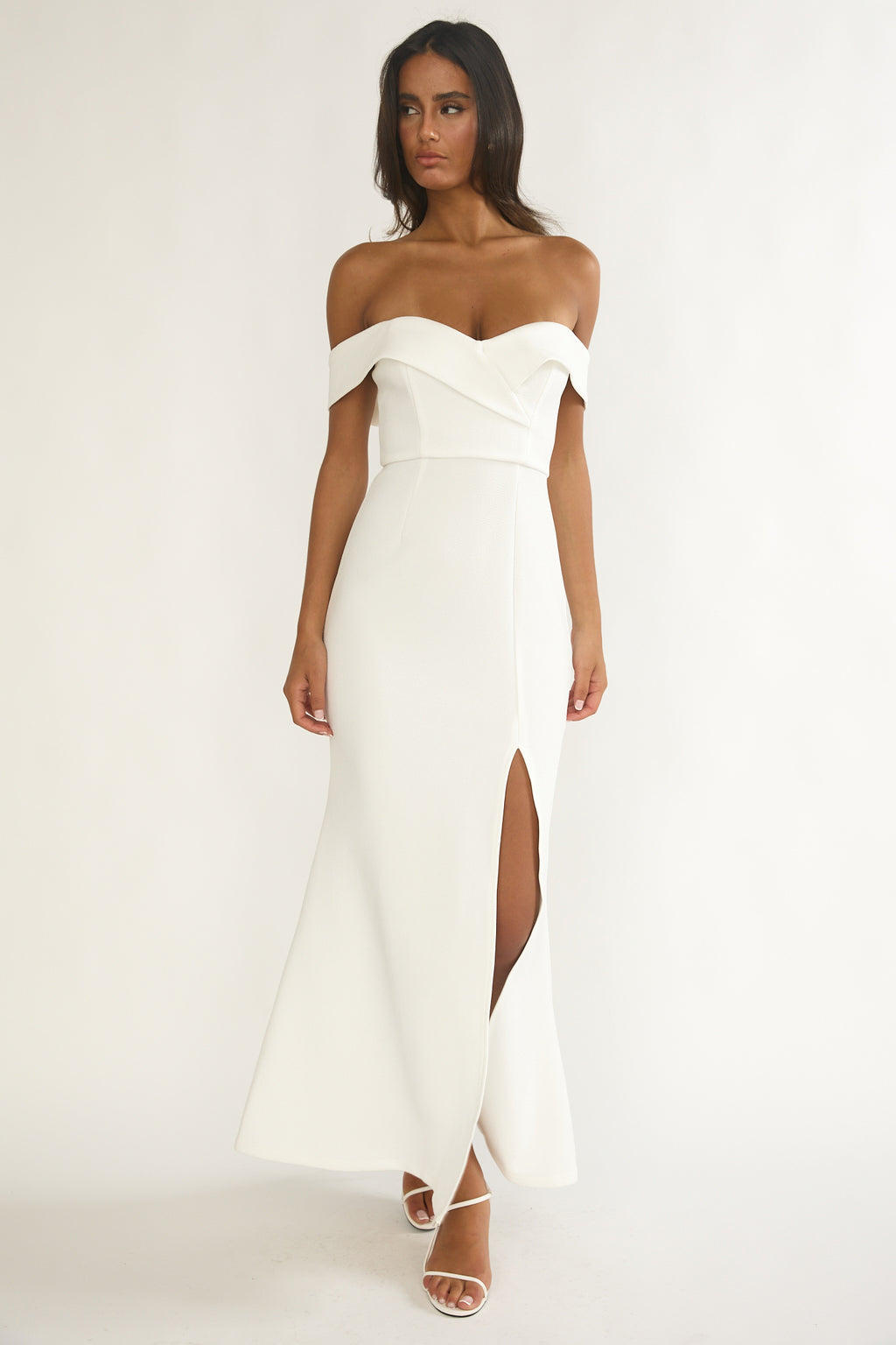 Rider Off-Shoulder Front Split Maxi Dress White by Selfie Leslie
