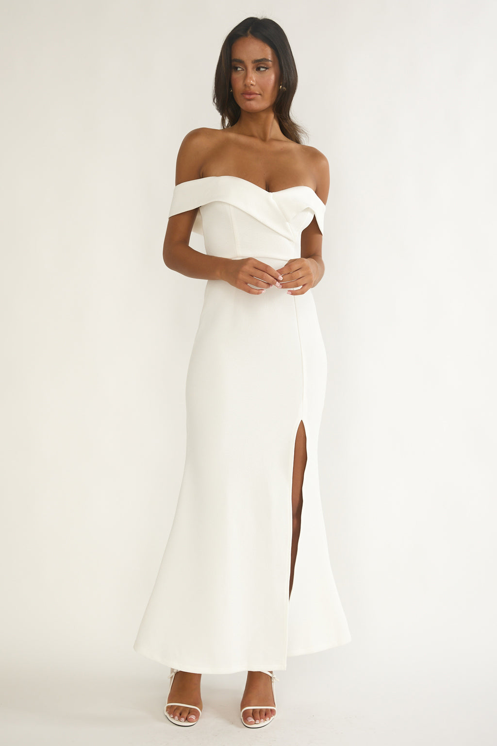 Rider Off-Shoulder Front Split Maxi Dress White by Selfie Leslie
