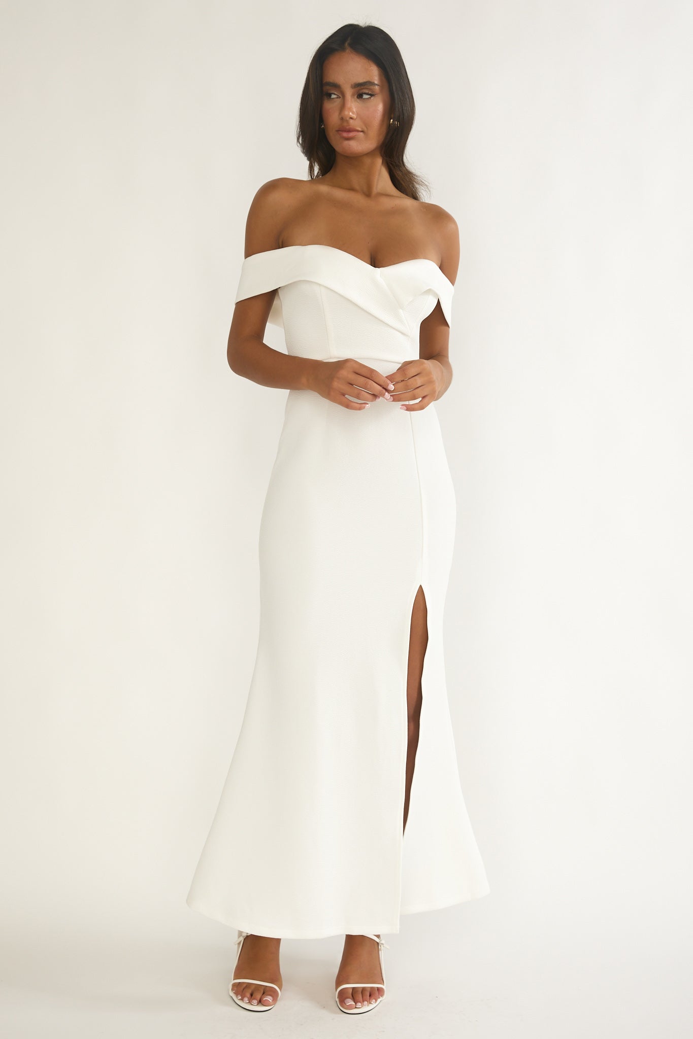 Rider Off-Shoulder Front Split Maxi Dress White by Selfie Leslie