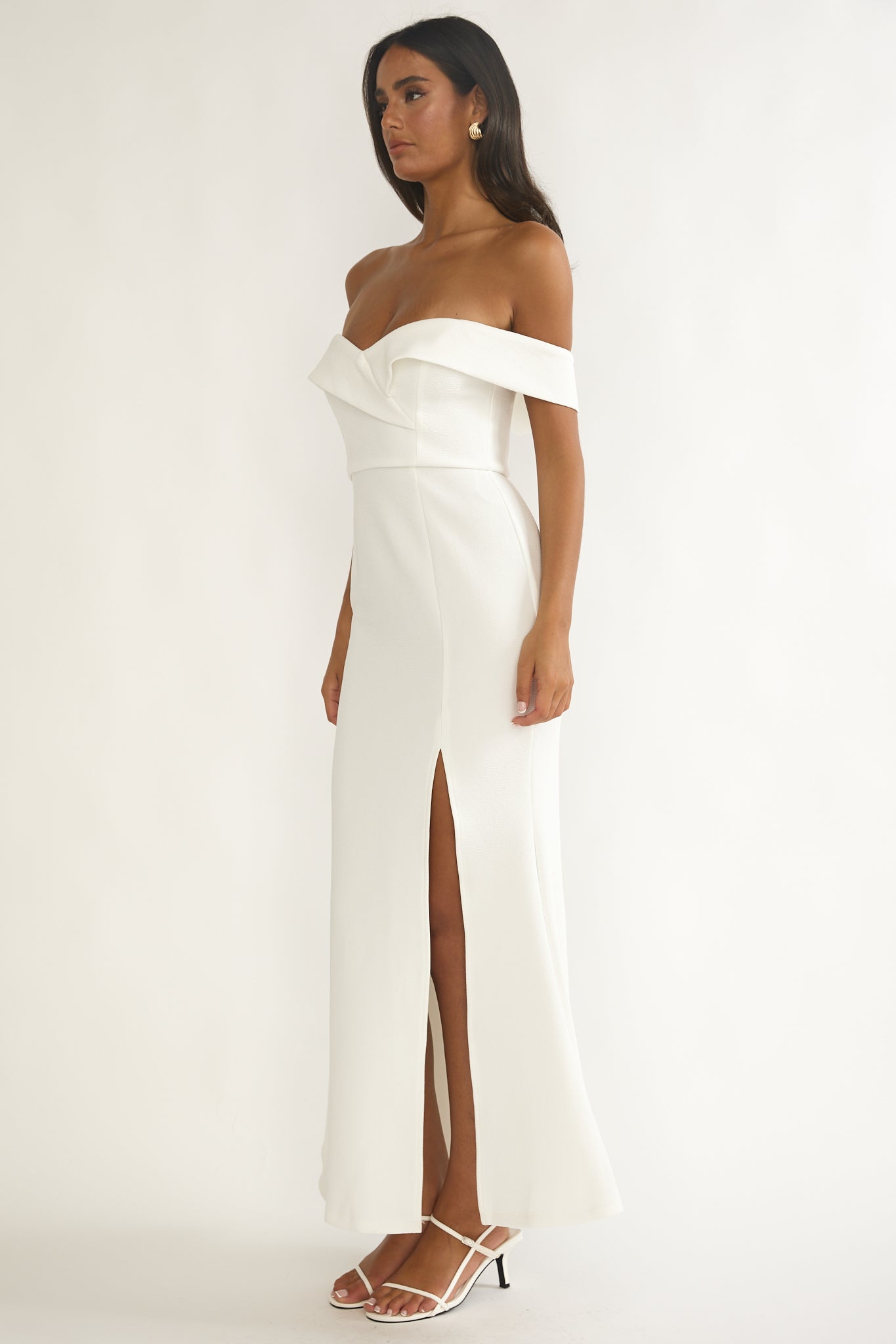 Rider Off-Shoulder Front Split Maxi Dress White by Selfie Leslie