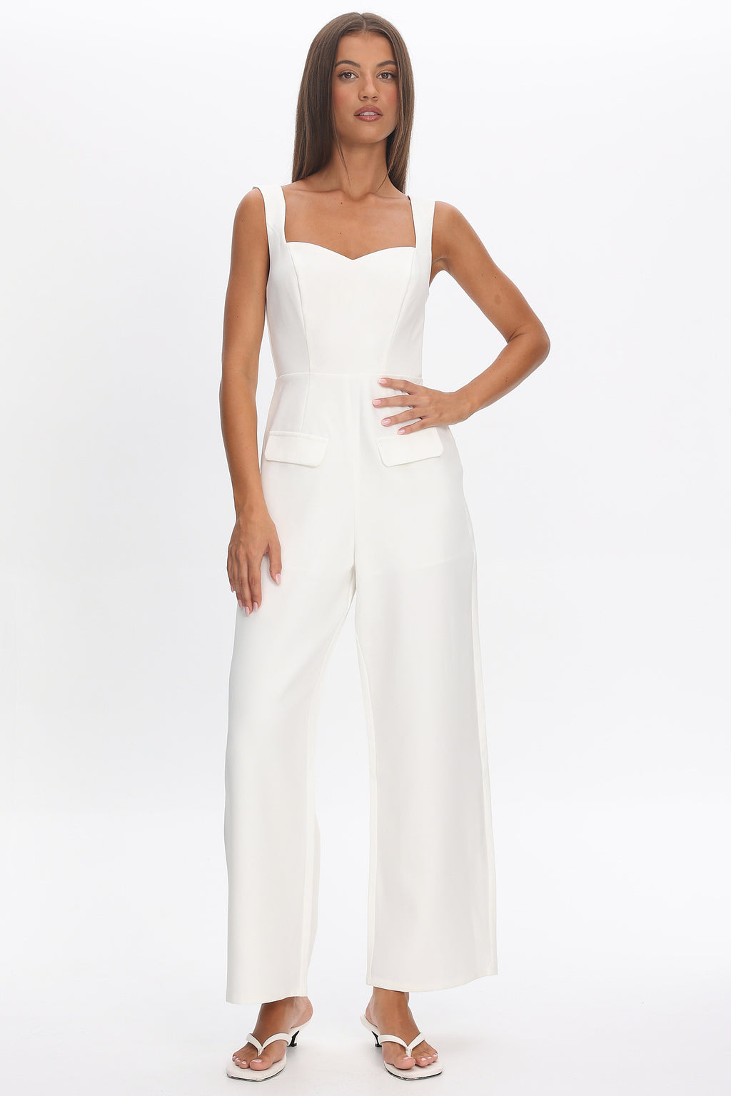Atheena Faux Pocket Jumpsuit White by Selfie Leslie