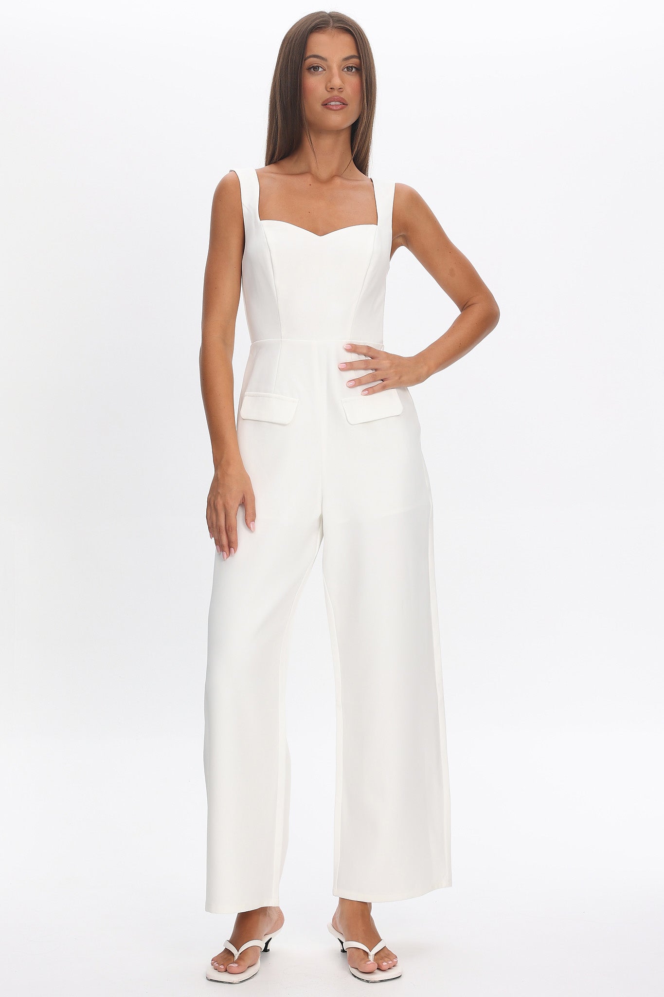 Atheena Faux Pocket Jumpsuit White by Selfie Leslie