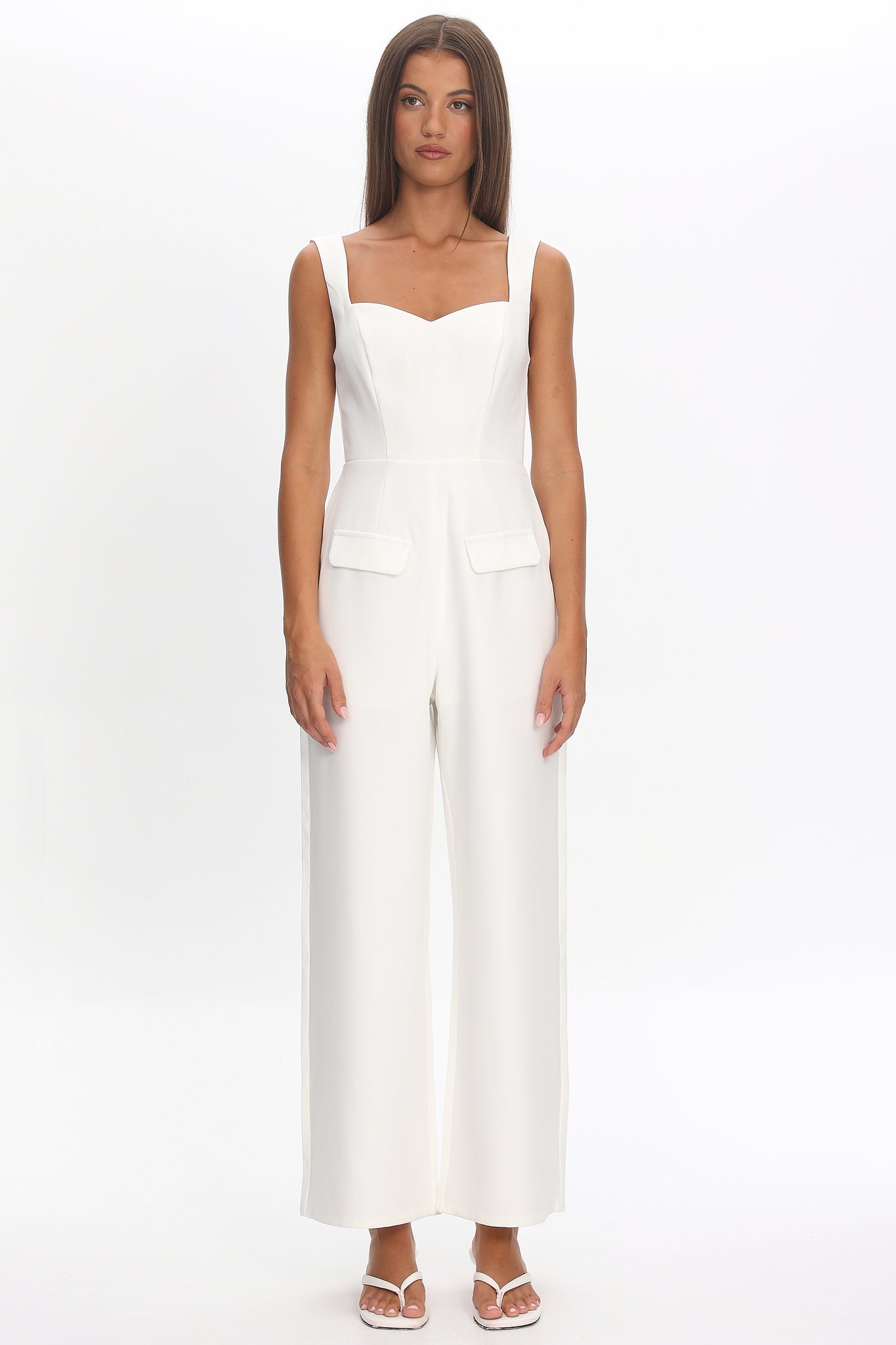 Atheena Faux Pocket Jumpsuit White by Selfie Leslie