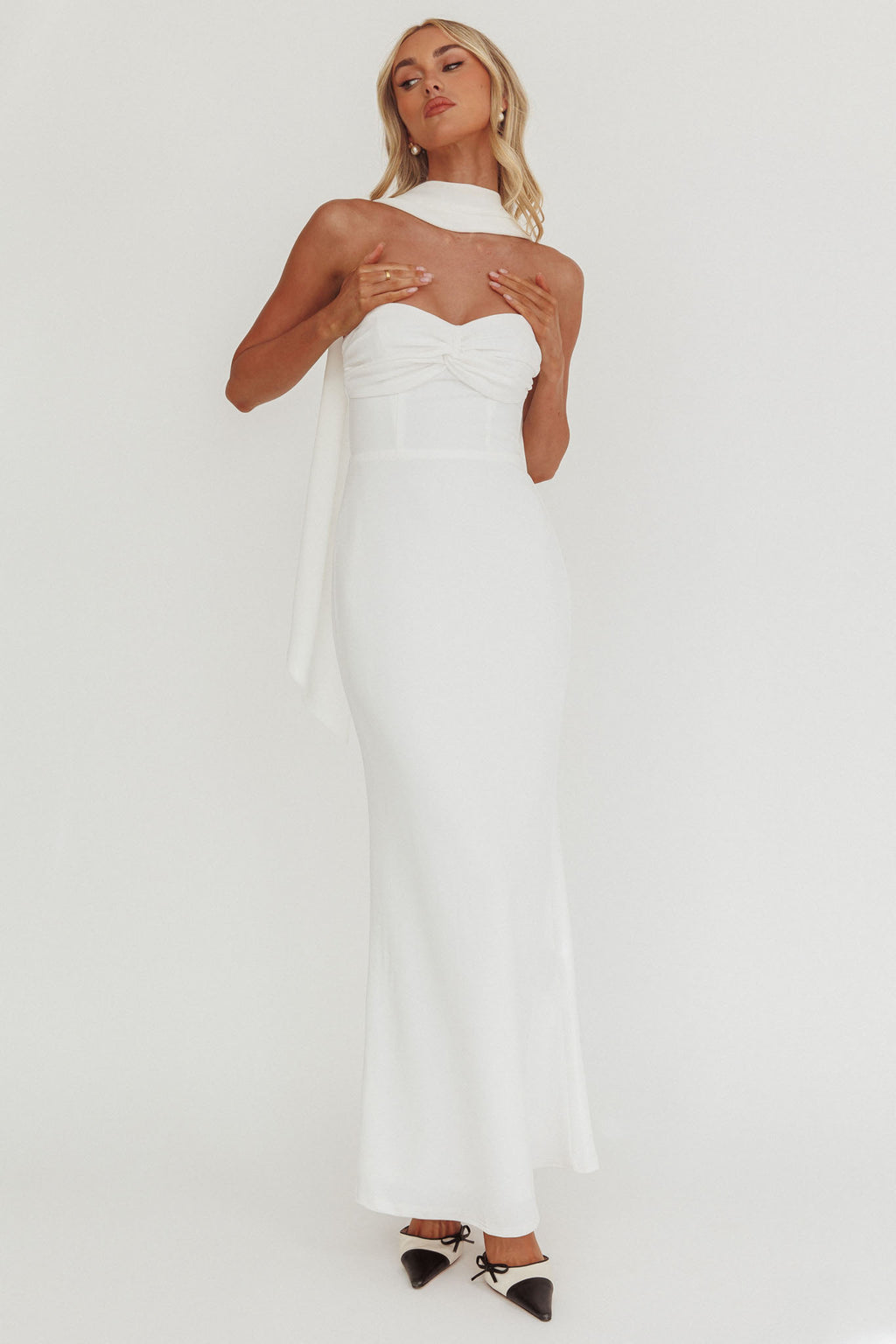 Of The Night Twist Bust Maxi Dress White by Selfie Leslie