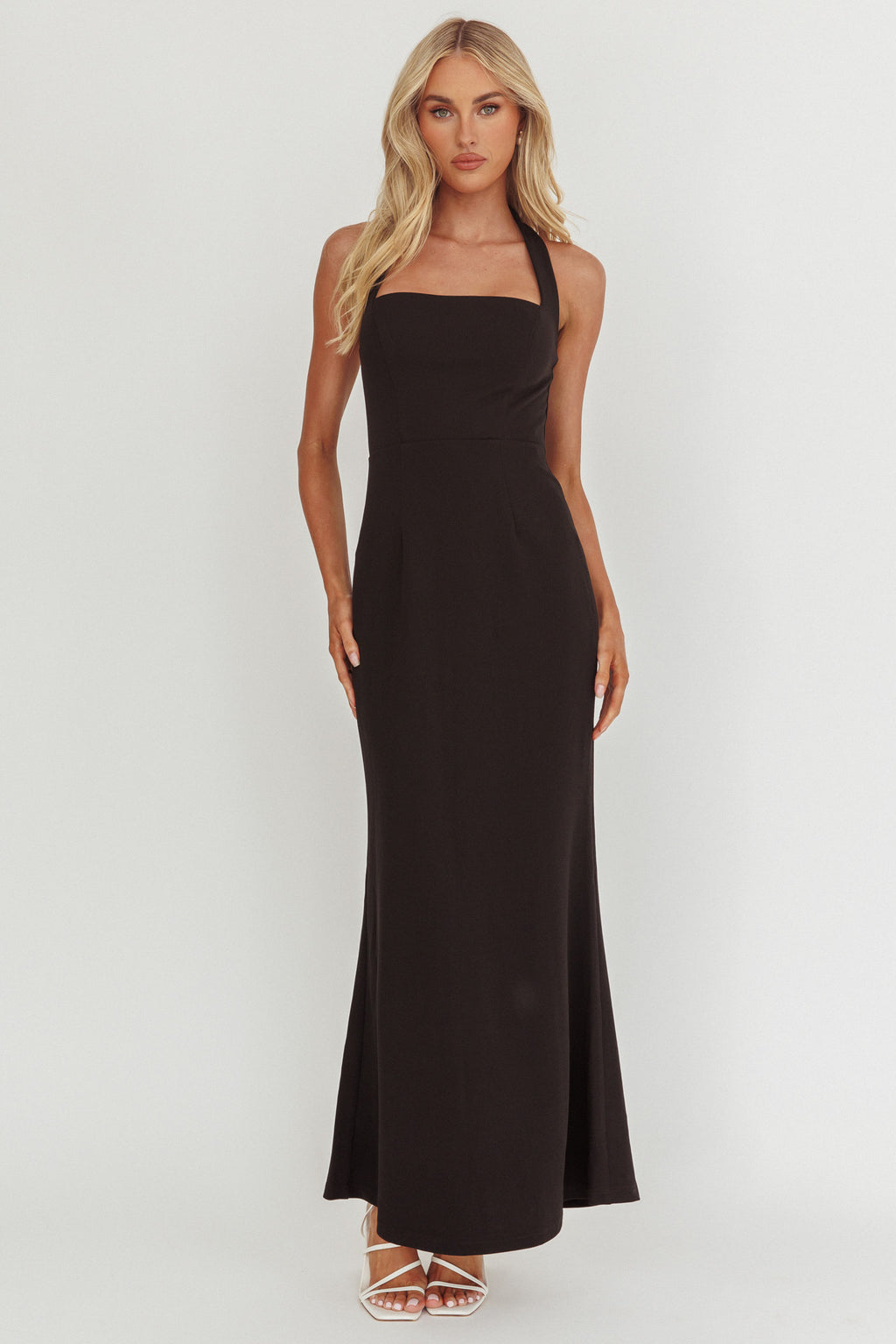 Shellie Square Neckline Halter Maxi Dress Black by Selfie Leslie
