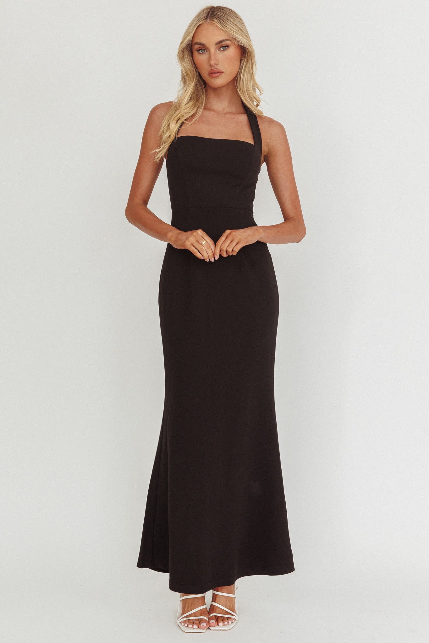 Shellie Square Neckline Halter Maxi Dress Black by Selfie Leslie