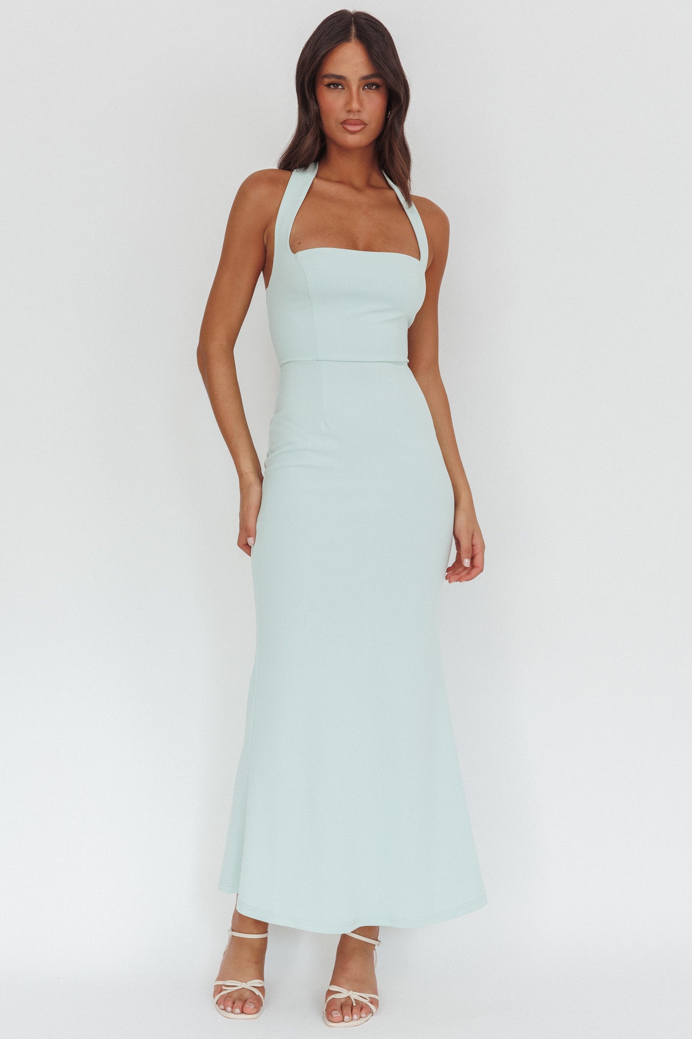 blue square neck dress Shellie Square Neckline Halter Maxi Dress Ice Blue