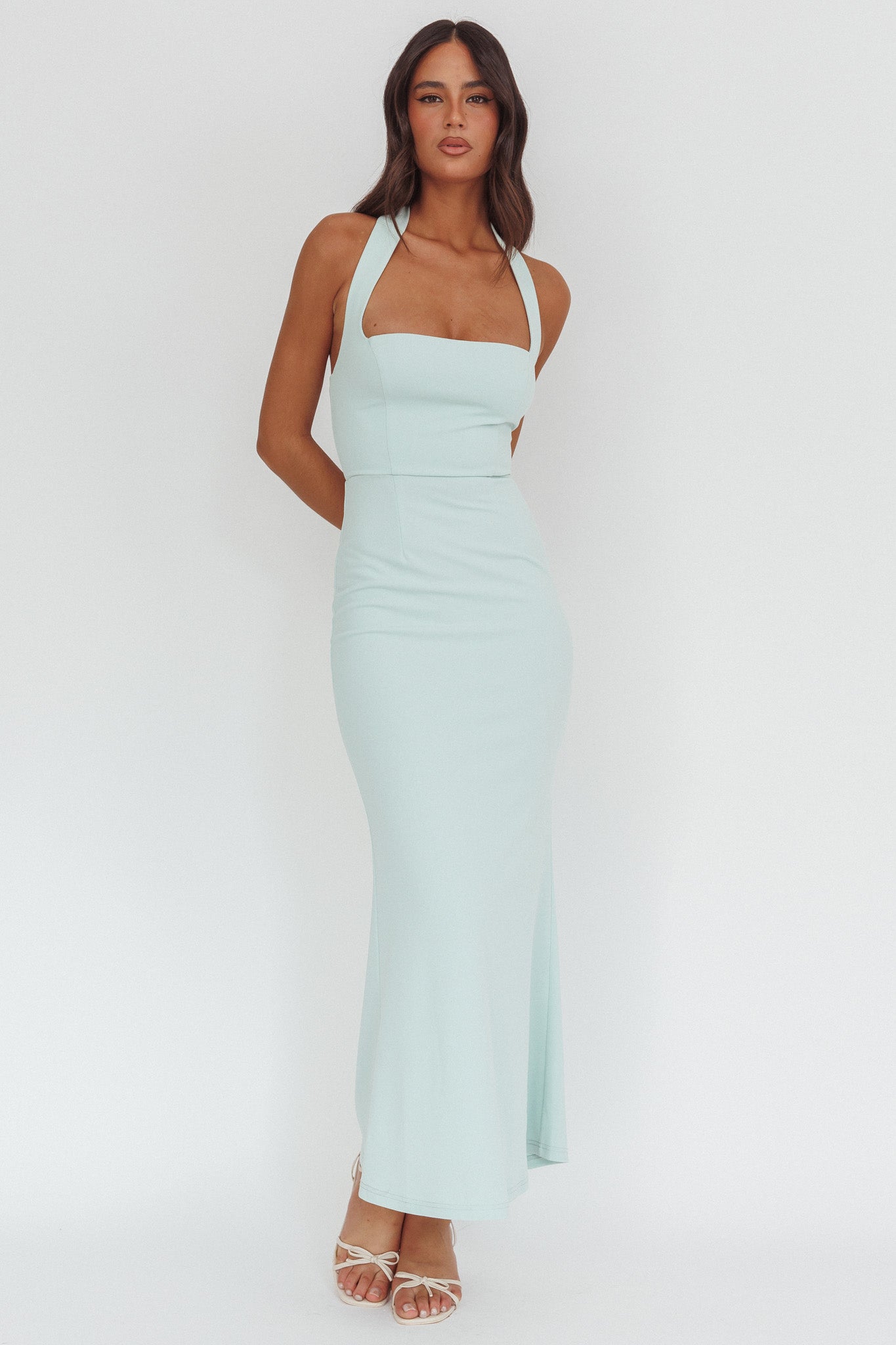 Shellie Square Neckline Halter Maxi Dress Ice Blue | Selfie Leslie