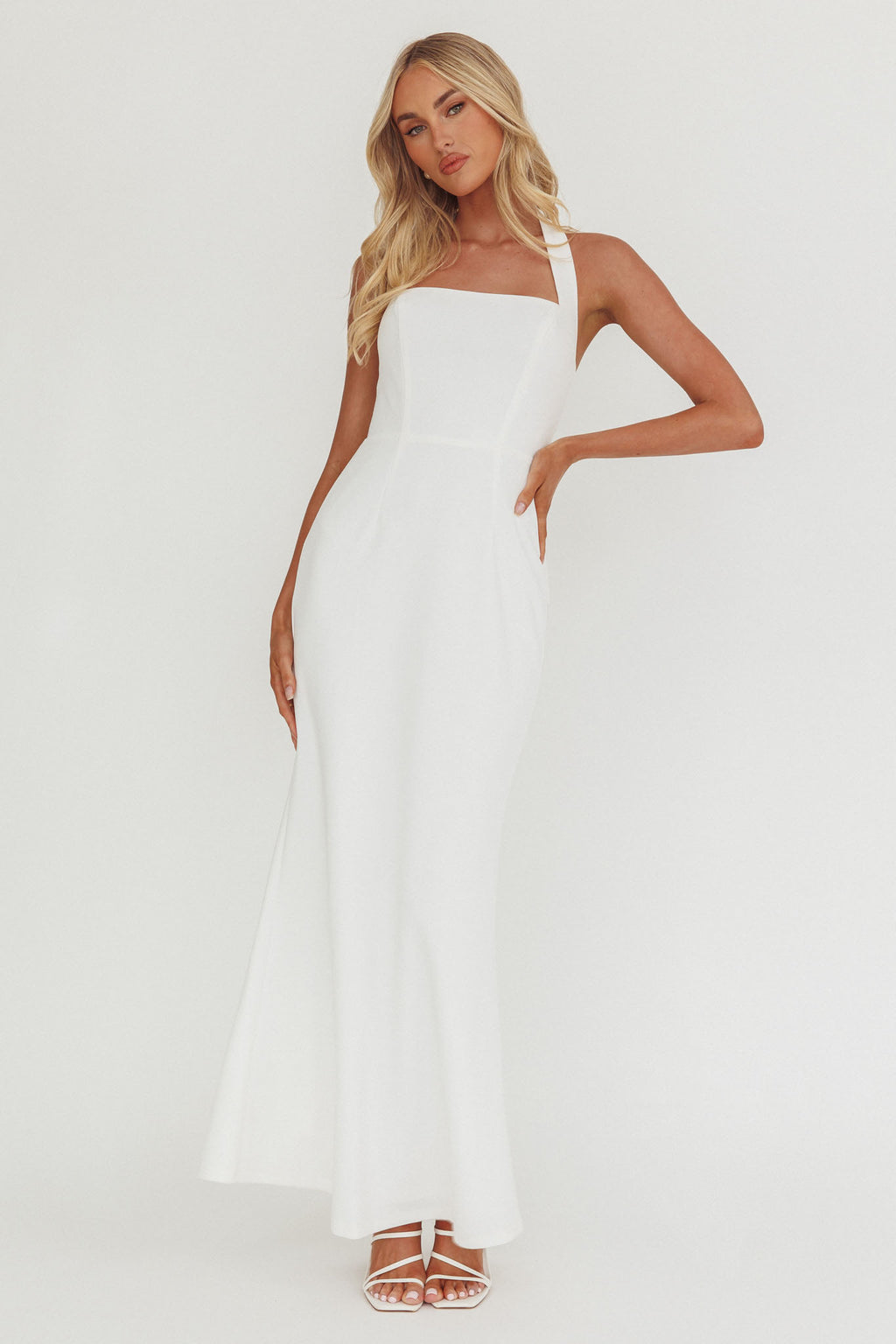 Shellie Square Neckline Halter Maxi Dress White by Selfie Leslie
