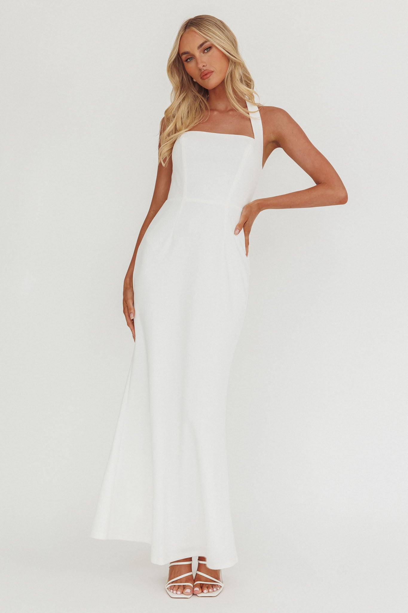 Shellie Square Neckline Halter Maxi Dress White by Selfie Leslie