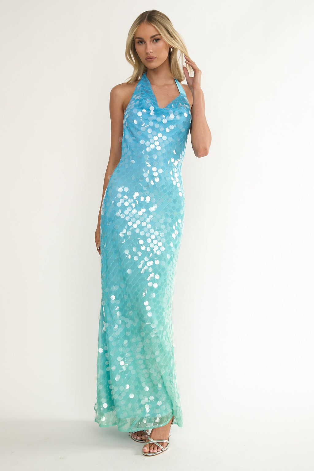 Kirralee Asymmetric Halterneck Sequin Maxi Dress Blue Multi by Selfie Leslie