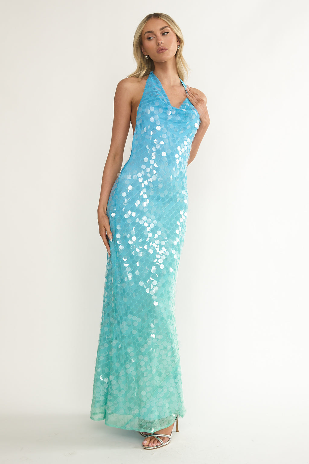 Kirralee Asymmetric Halterneck Sequin Maxi Dress Blue Multi by Selfie Leslie