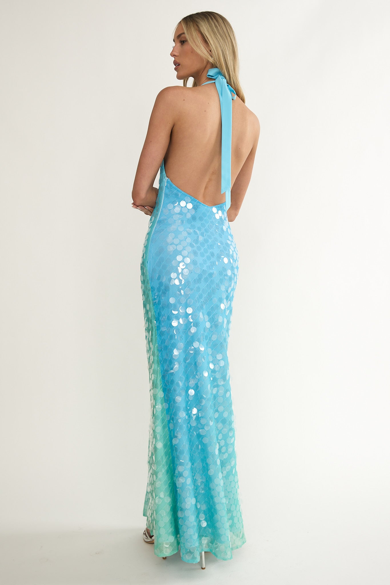 Kirralee Asymmetric Halterneck Sequin Maxi Dress Blue Multi - M Kirralee Asymmetric Halterneck Sequin Maxi Dress Blue Multi - M