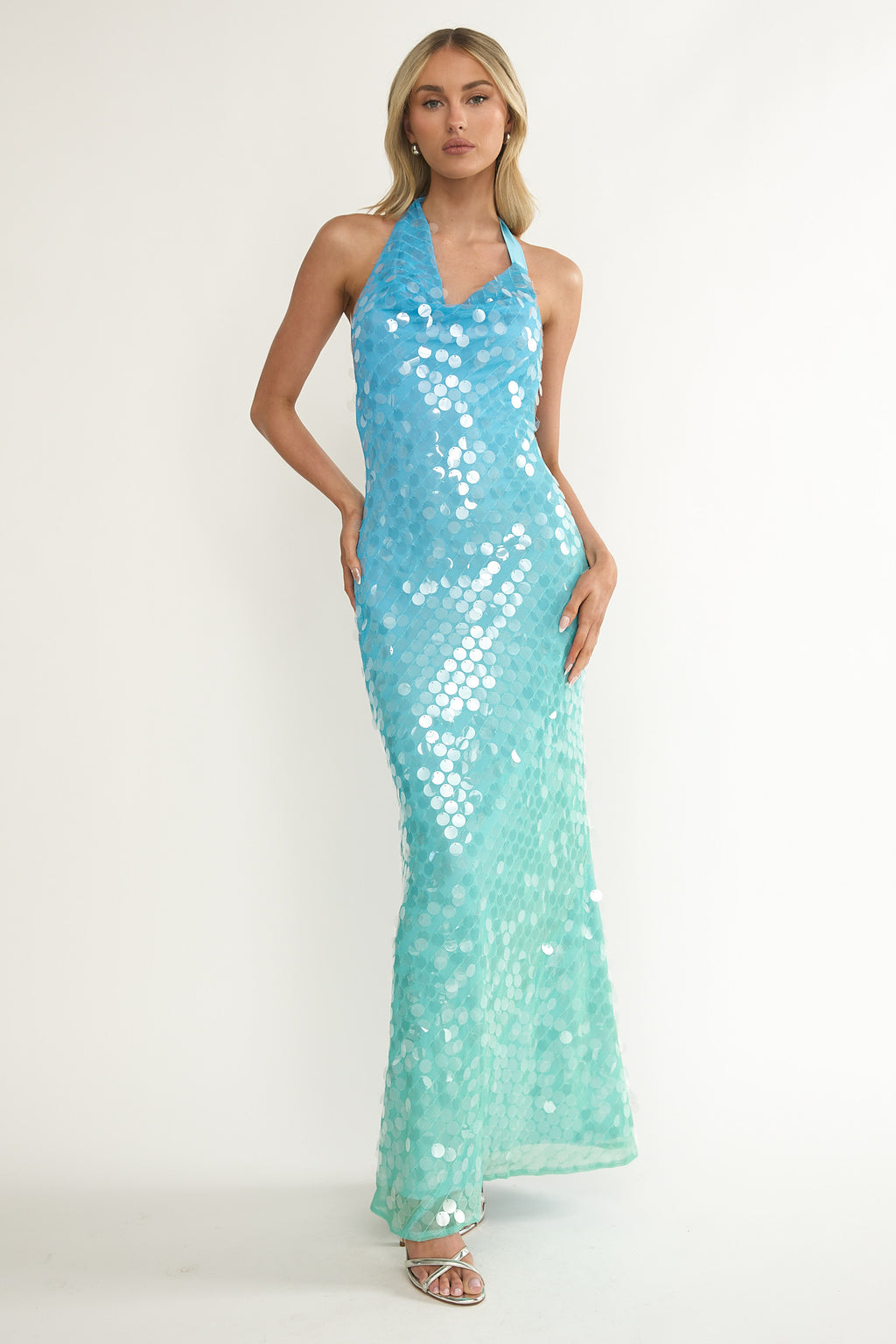 Kirralee Asymmetric Halterneck Sequin Maxi Dress Blue Multi by Selfie Leslie