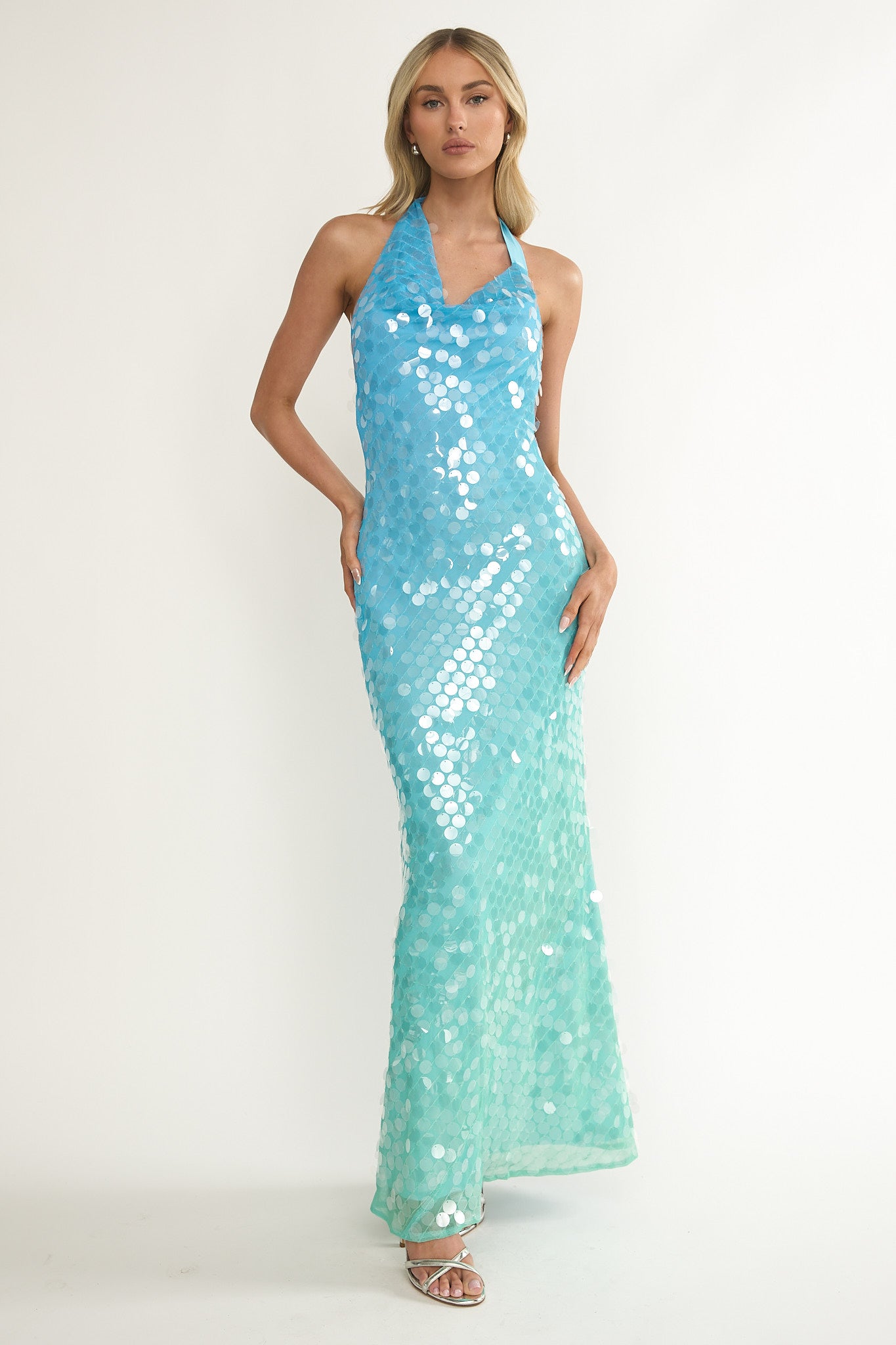 Kirralee Asymmetric Halterneck Sequin Maxi Dress Blue Multi by Selfie Leslie