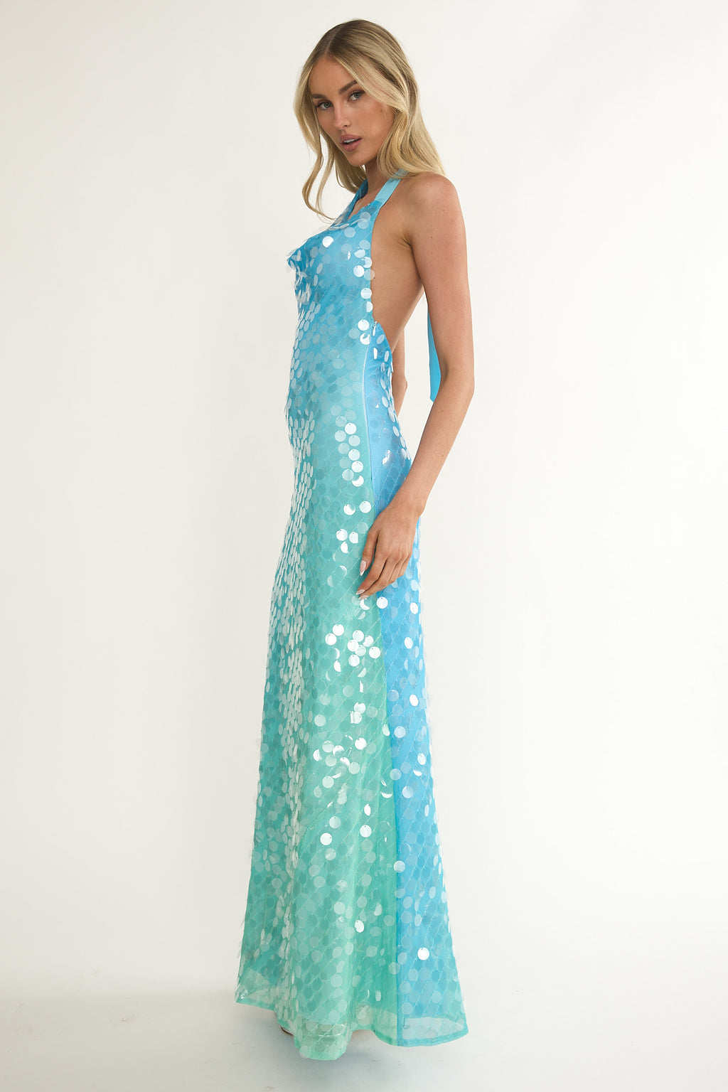 Kirralee Asymmetric Halterneck Sequin Maxi Dress Blue Multi by Selfie Leslie