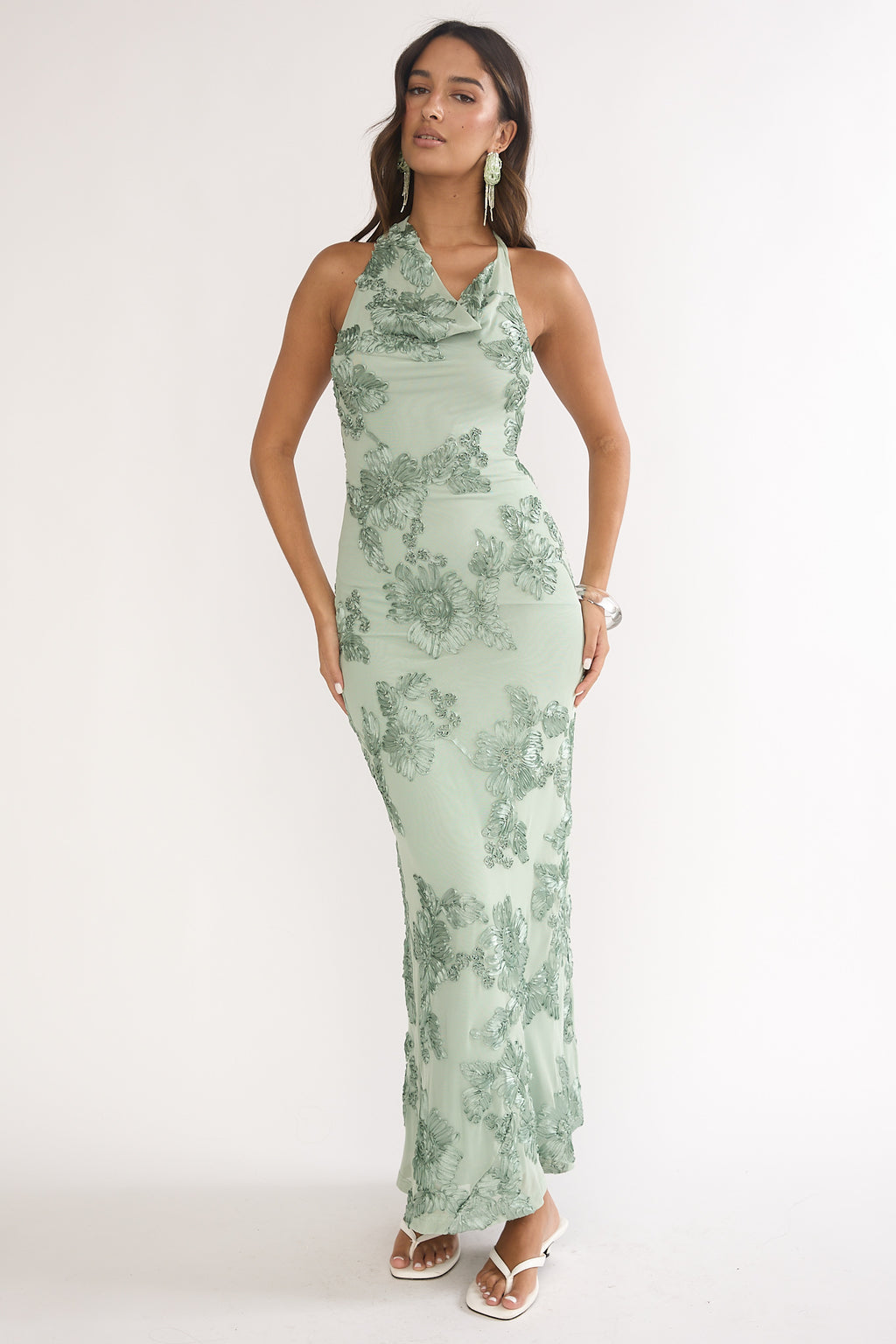 Kirralee Asymmetric Halterneck Embellished Maxi Dress Aqua Green by Selfie Leslie