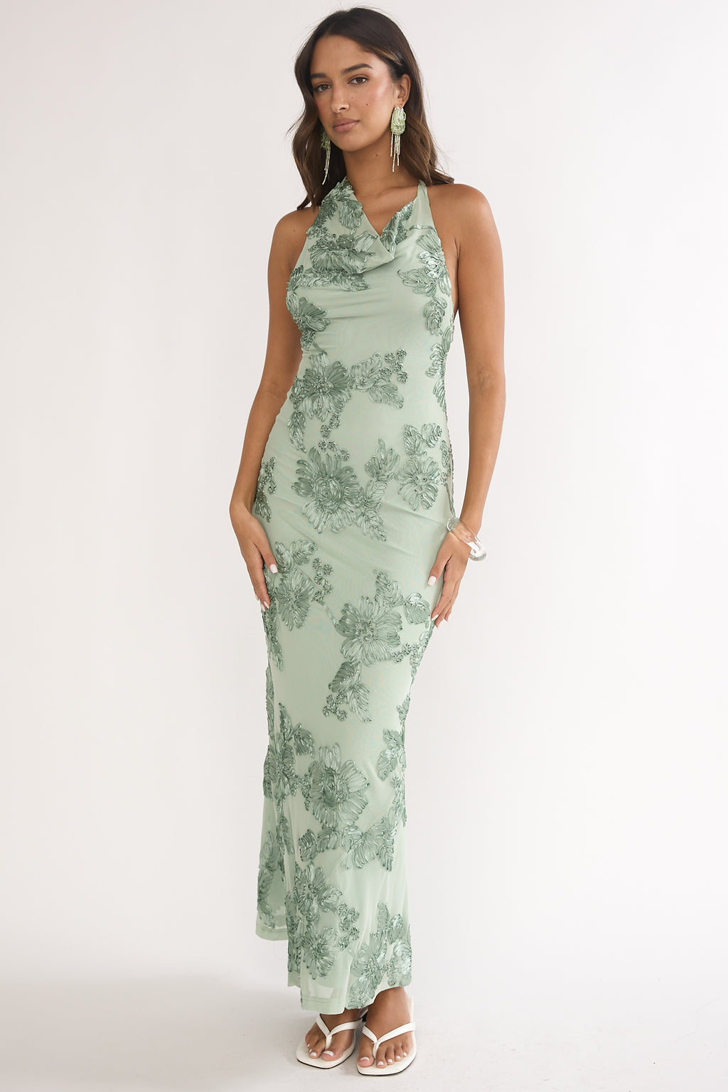 Kirralee Asymmetric Halterneck Embellished Maxi Dress Aqua Green by Selfie Leslie