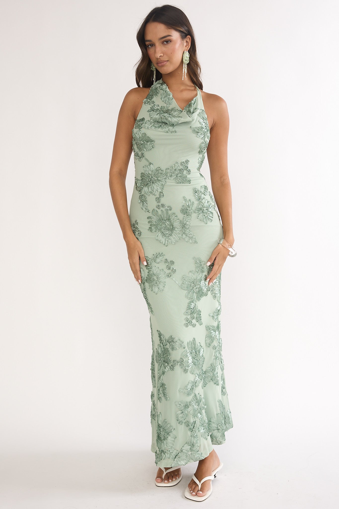 Kirralee Asymmetric Halterneck Embellished Maxi Dress Aqua Green