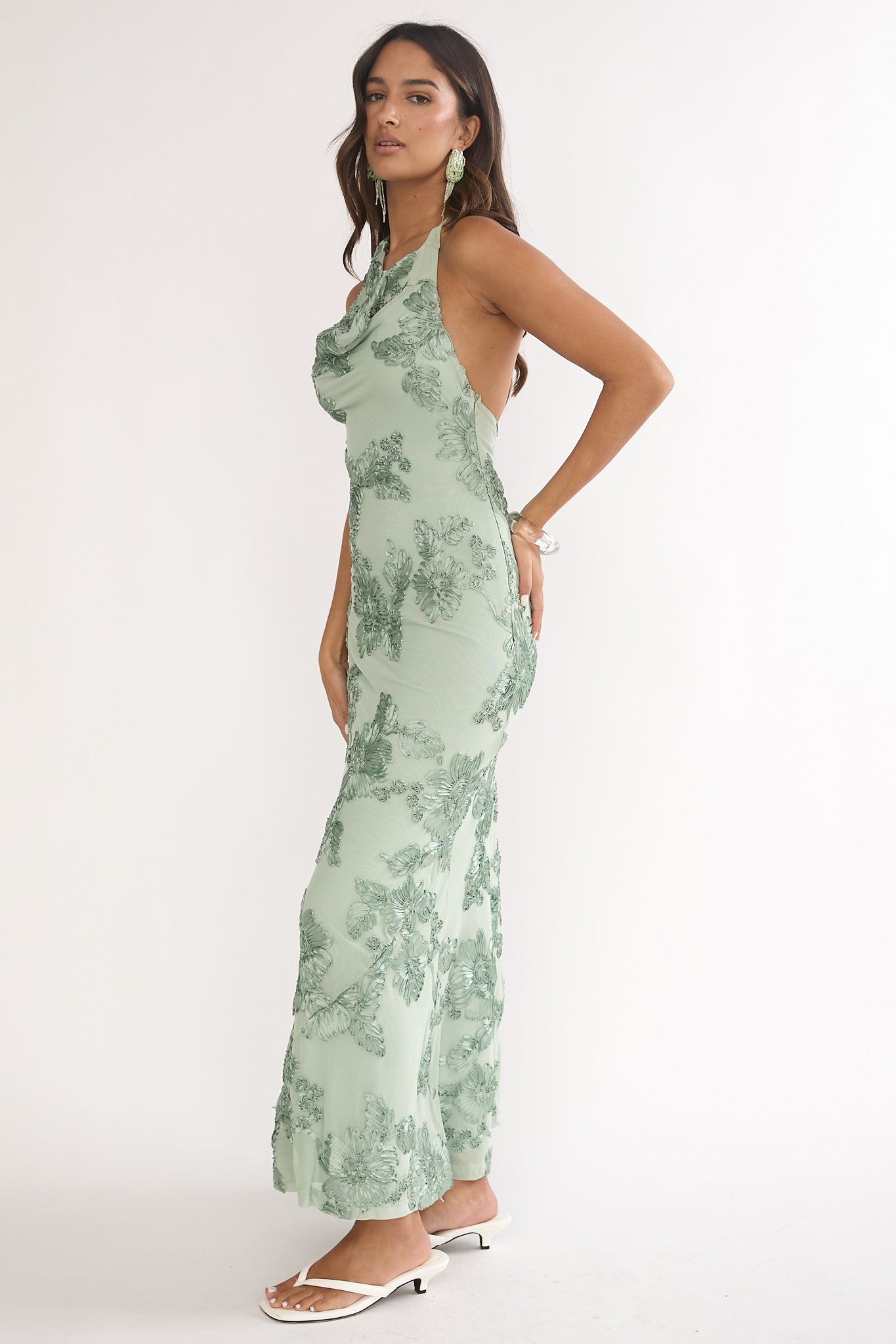 Kirralee Asymmetric Halterneck Embellished Maxi Dress Aqua Green - XS Kirralee Asymmetric Halterneck Embellished Maxi Dress Aqua Green - XS