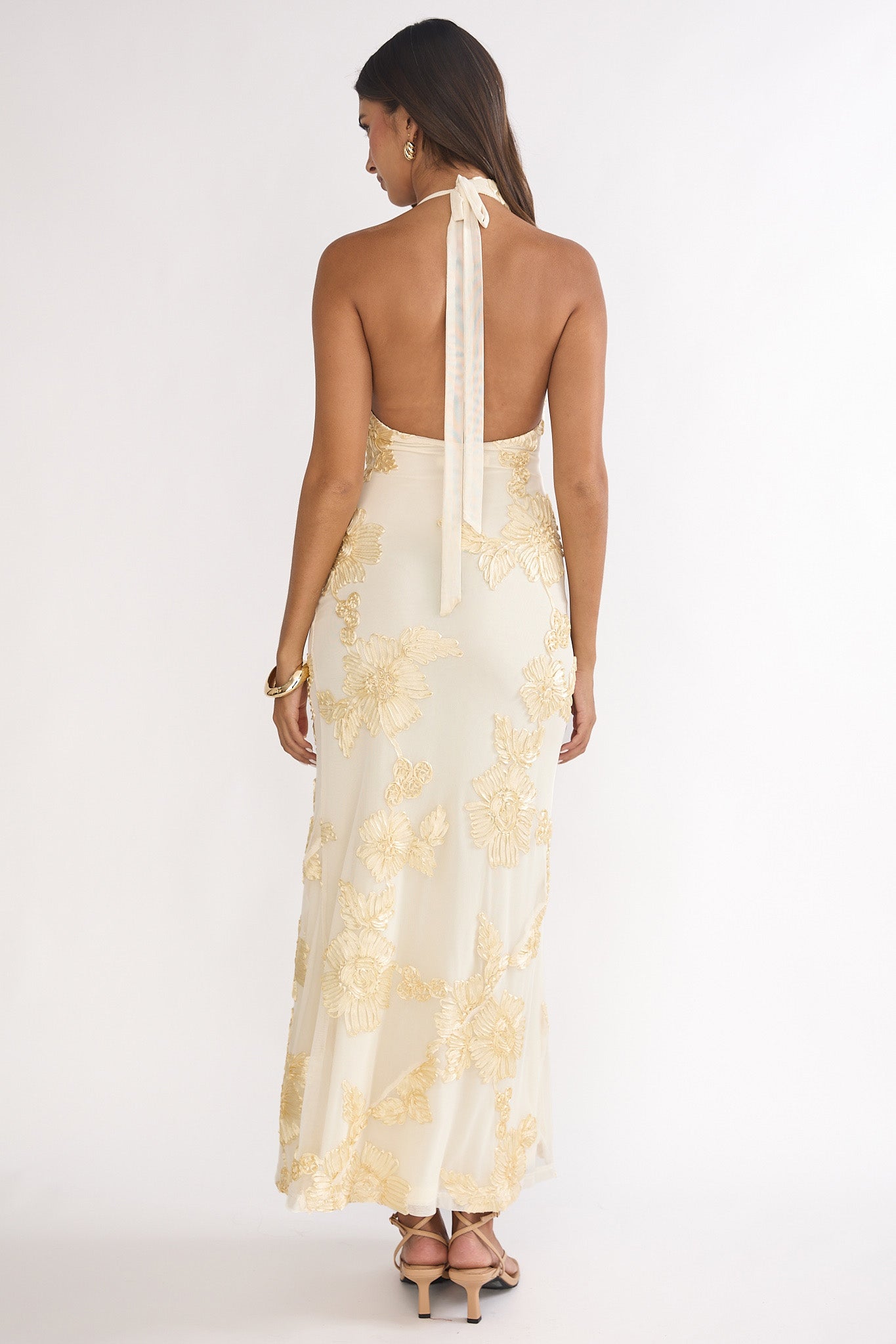 Kirralee Asymmetric Halterneck Embellished Maxi Dress Yellow by Selfie Leslie