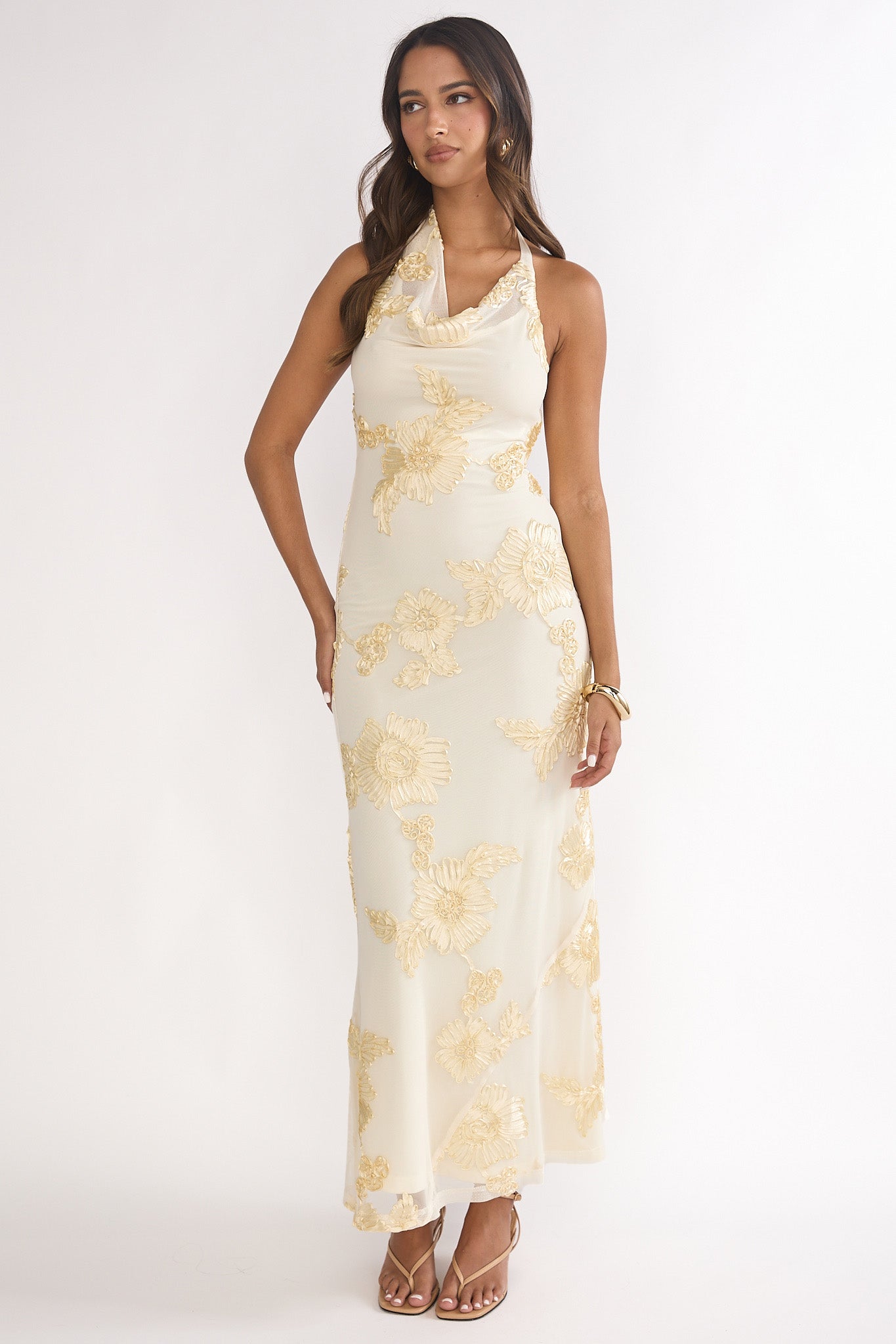 embellished asymmetric maxi dress in white Kirralee Asymmetric Halterneck Embellished Maxi Dress Yellow