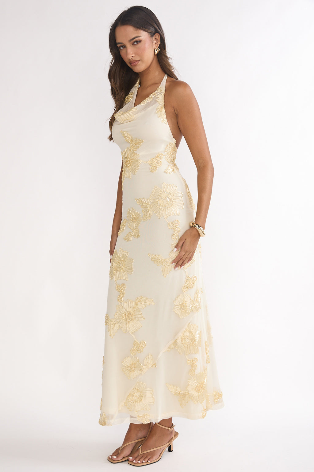 Kirralee Asymmetric Halterneck Embellished Maxi Dress Yellow by Selfie Leslie