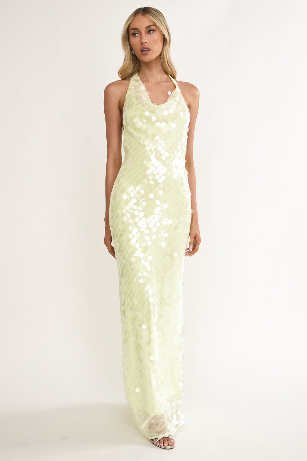 Kirralee Asymmetric Halterneck Sequin Maxi Dress Butter by Selfie Leslie