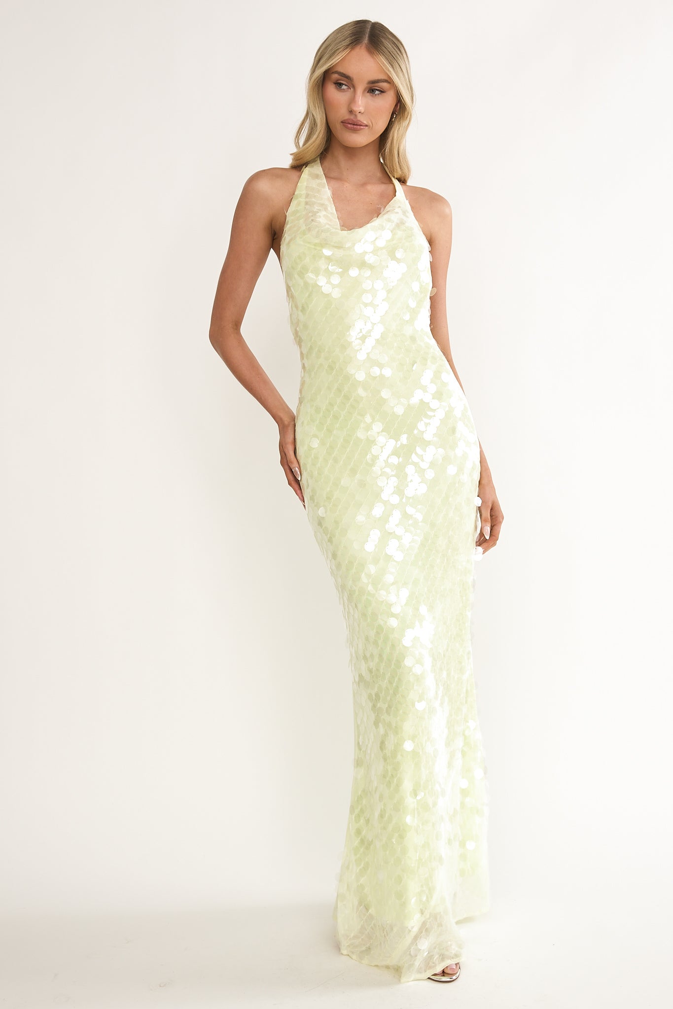 Kirralee Asymmetric Halterneck Sequin Maxi Dress Butter by Selfie Leslie