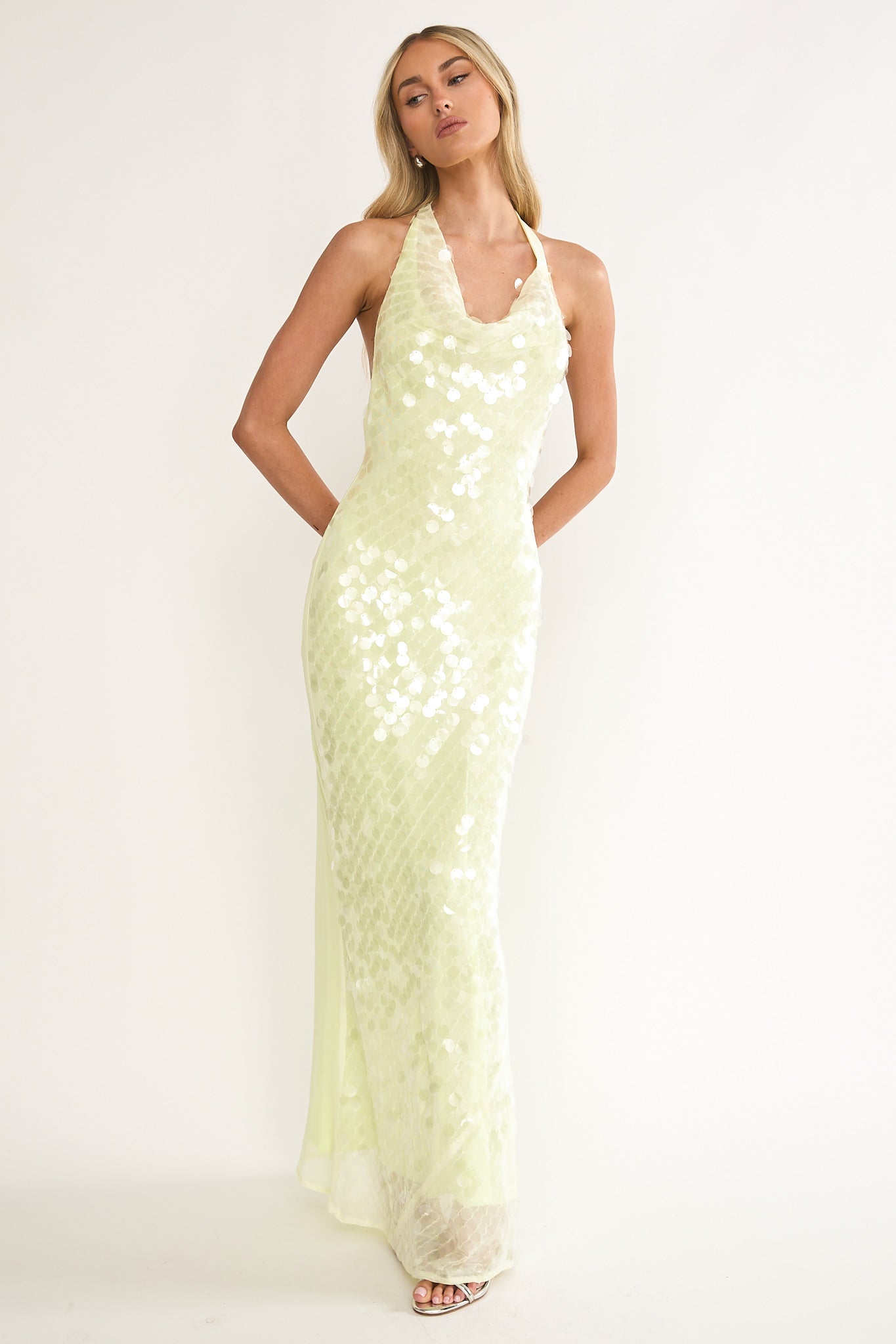 Kirralee Asymmetric Halterneck Sequin Maxi Dress Butter by Selfie Leslie