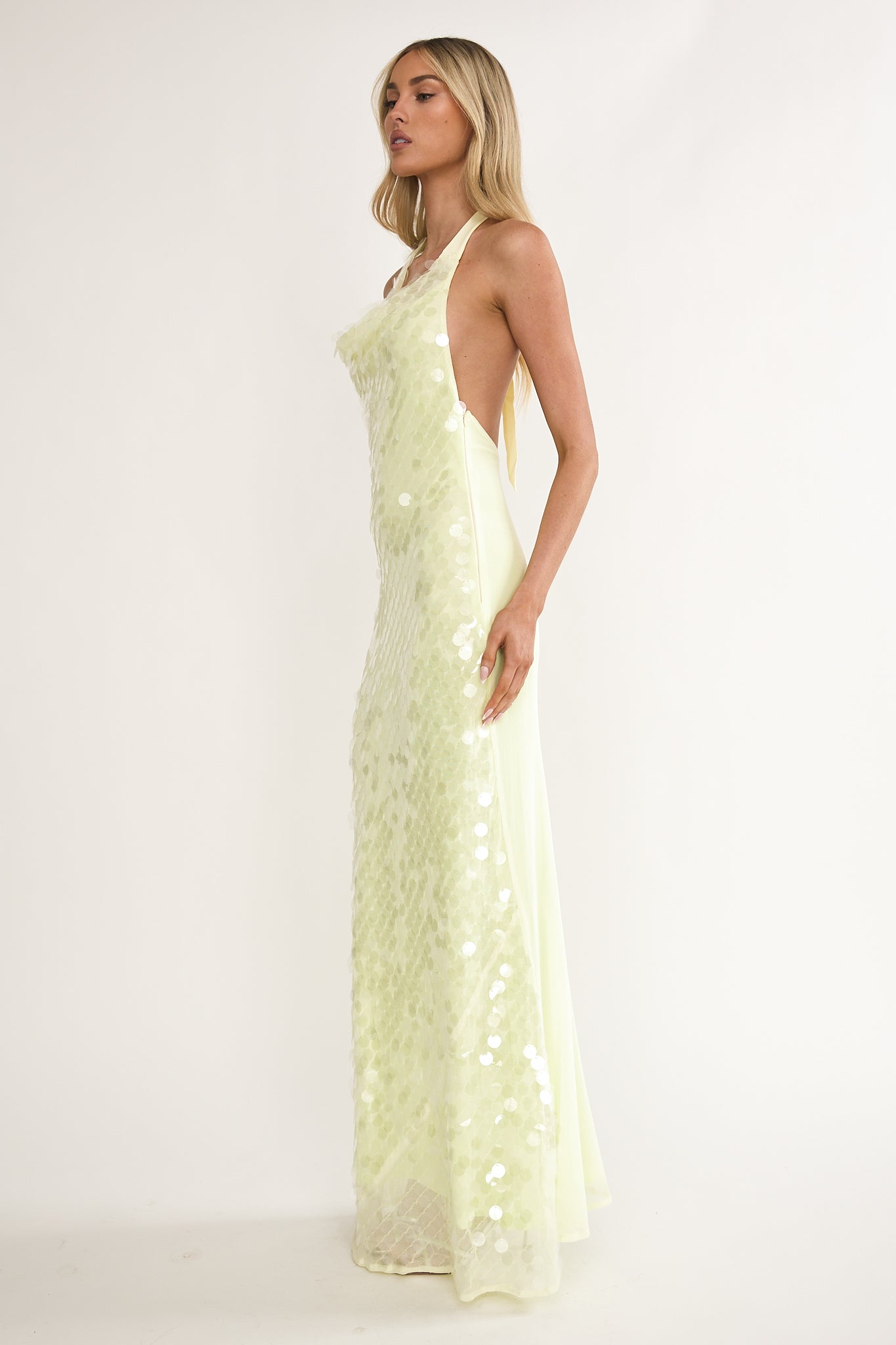 Kirralee Asymmetric Halterneck Sequin Maxi Dress Butter by Selfie Leslie