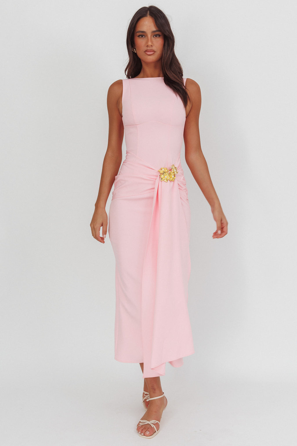 Zimora Gold Buckle Waist Drape Maxi Dress Pink by Selfie Leslie