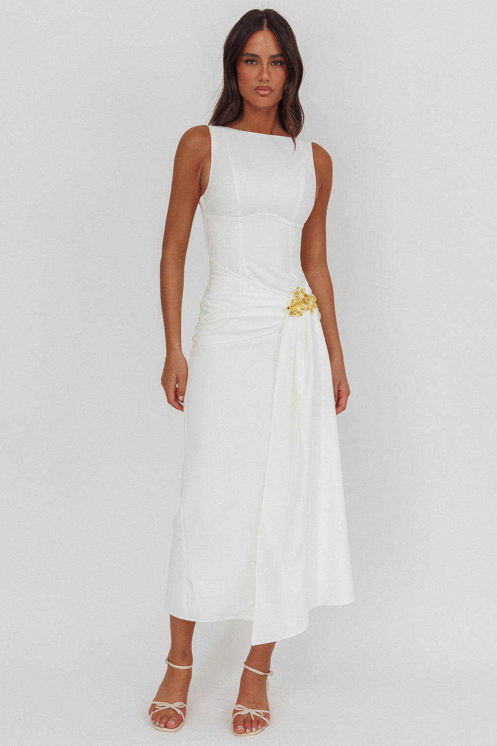 Zimora Gold Buckle Waist Drape Maxi Dress White– Selfie Leslie