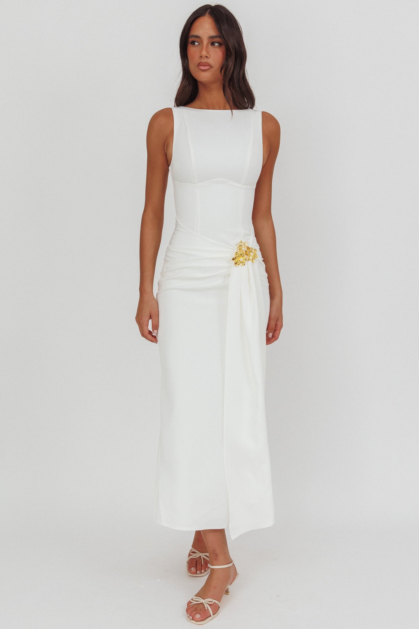 Shop the Zimora Gold Buckle Waist Drape Maxi Dress White