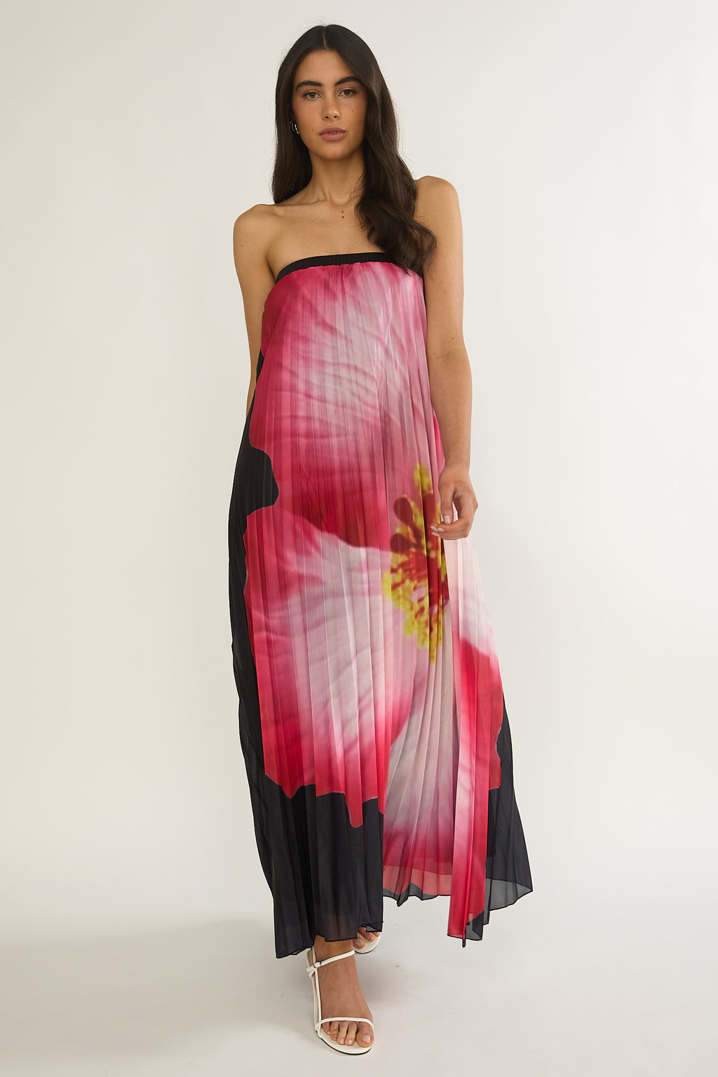 Lauriella Strapless Accordion Pleat Maxi Dress Hibiscus Black by Selfie Leslie
