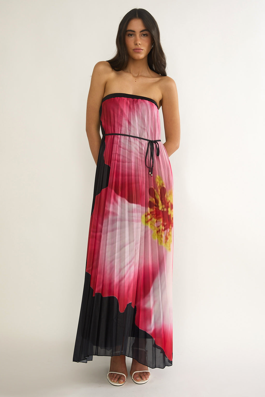 Lauriella Strapless Accordion Pleat Maxi Dress Hibiscus Black by Selfie Leslie