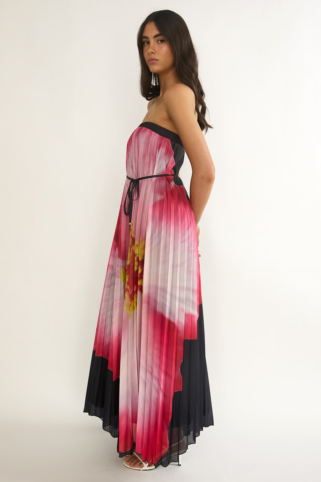 Lauriella Strapless Accordion Pleat Maxi Dress Hibiscus Black by Selfie Leslie
