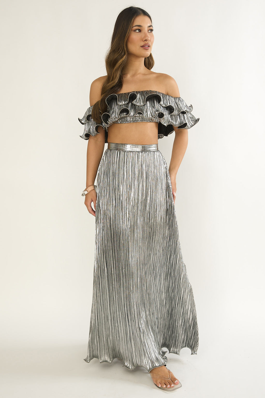 Amaria Lettuce Edge Maxi Skirt Silver by Selfie Leslie