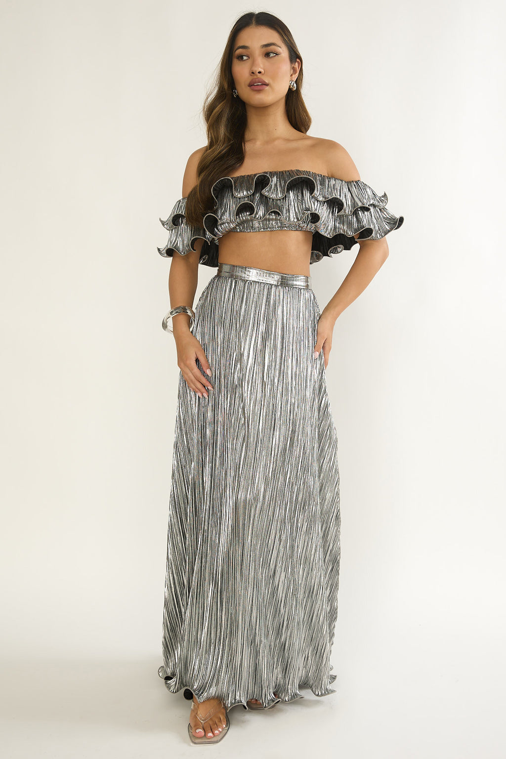 Amaria Lettuce Edge Maxi Skirt Silver by Selfie Leslie