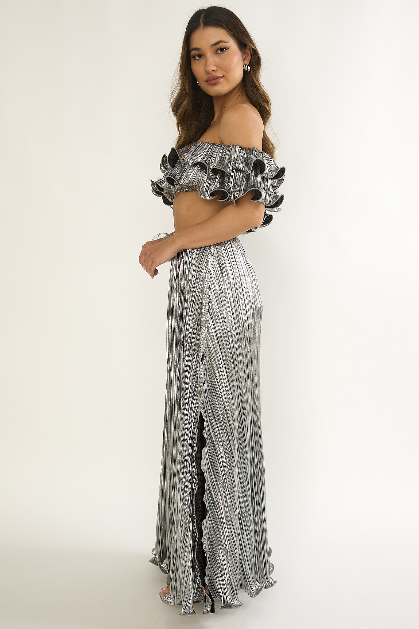 Amaria Lettuce Edge Maxi Skirt Silver by Selfie Leslie
