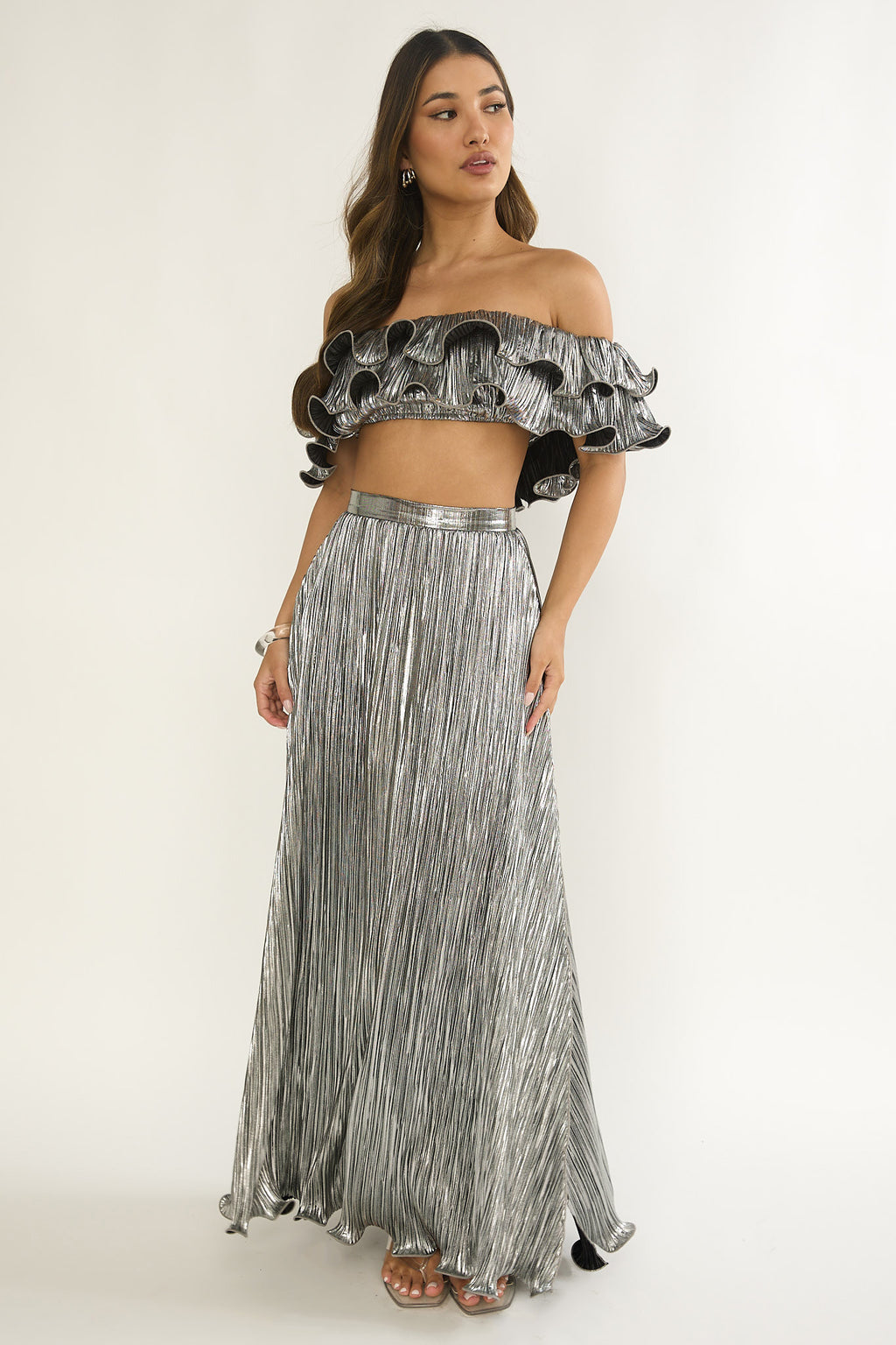 Amaria Off-Shoulder Lettuce Edge Crop Top Silver by Selfie Leslie