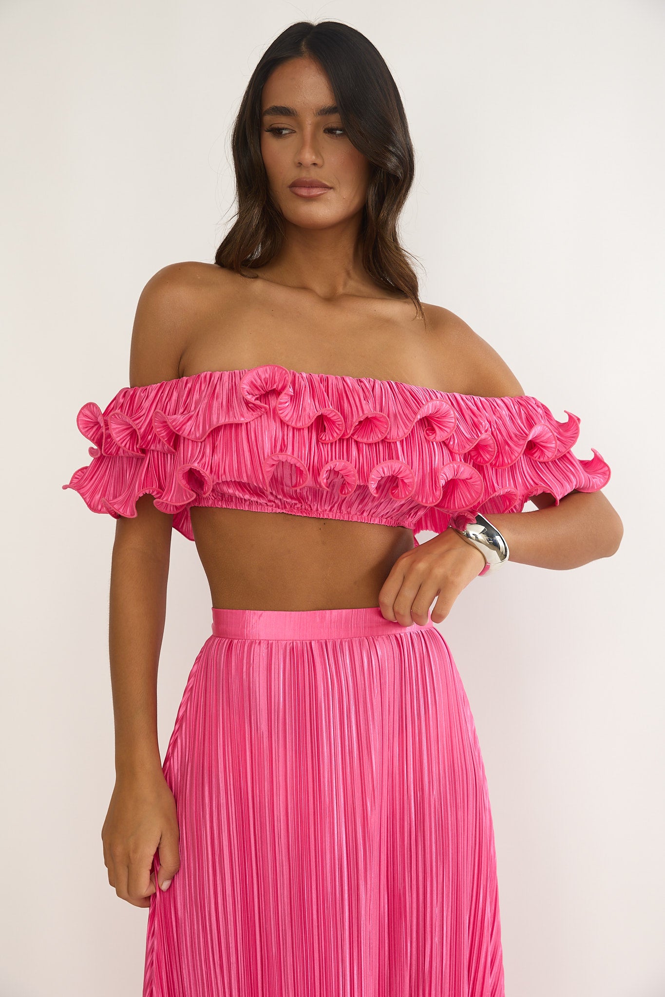 Amaria Off-Shoulder Lettuce Edge Crop Top Hot Pink by Selfie Leslie