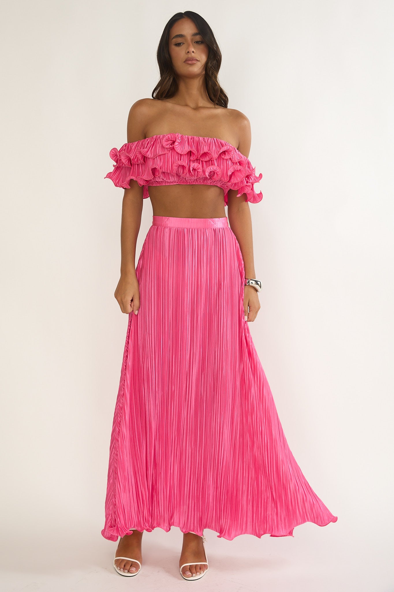 Amaria Off-Shoulder Lettuce Edge Crop Top Hot Pink by Selfie Leslie