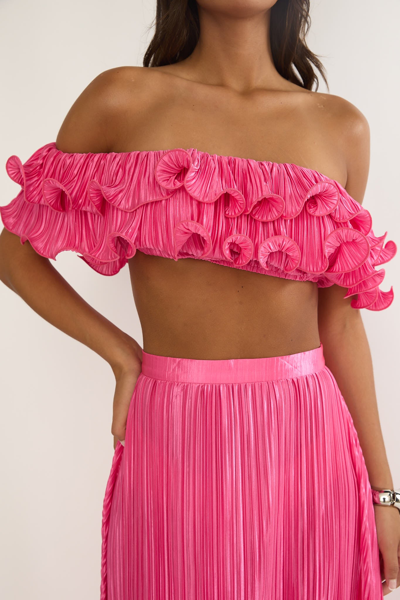 Amaria Off-Shoulder Lettuce Edge Crop Top Hot Pink by Selfie Leslie