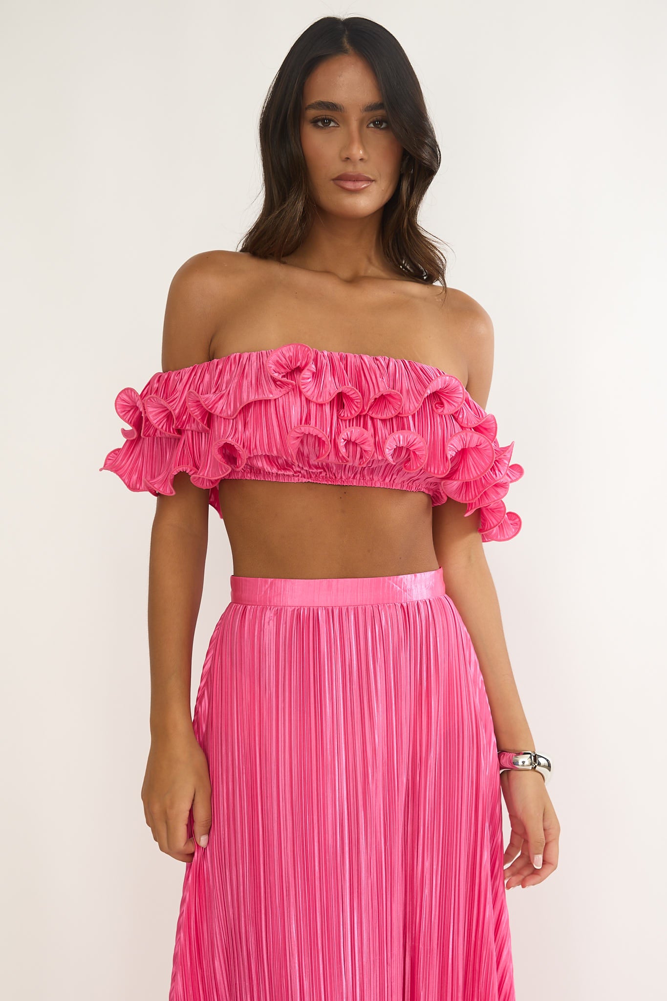 Amaria Off-Shoulder Lettuce Edge Crop Top Hot Pink | Selfie Leslie