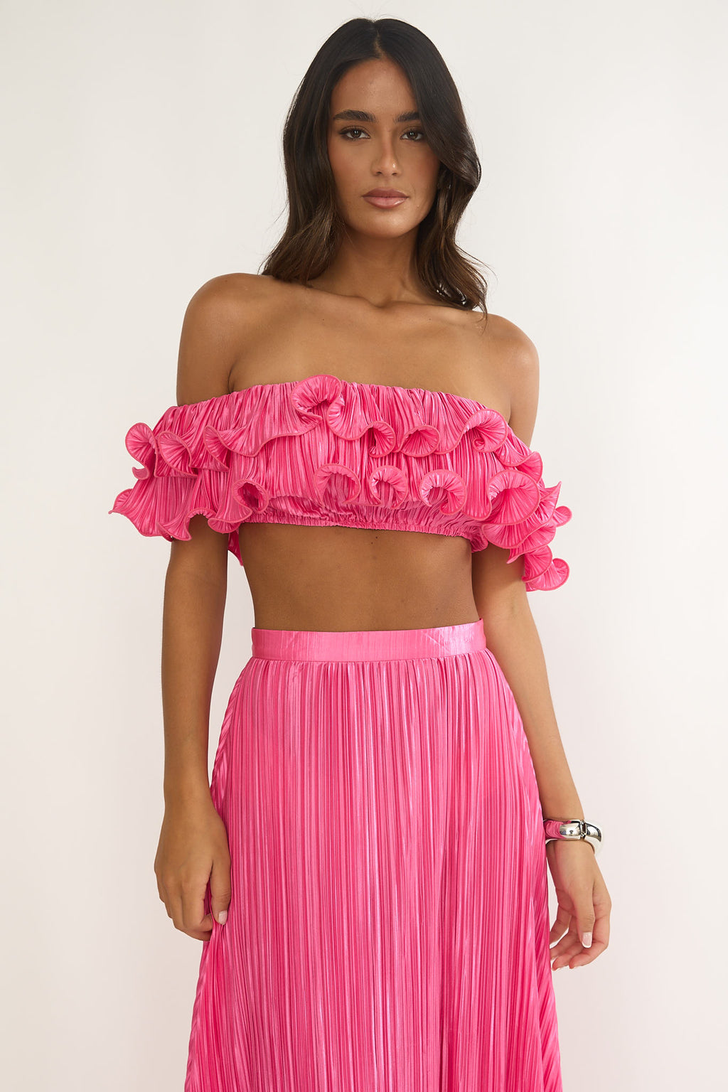 Amaria Off-Shoulder Lettuce Edge Crop Top Hot Pink by Selfie Leslie
