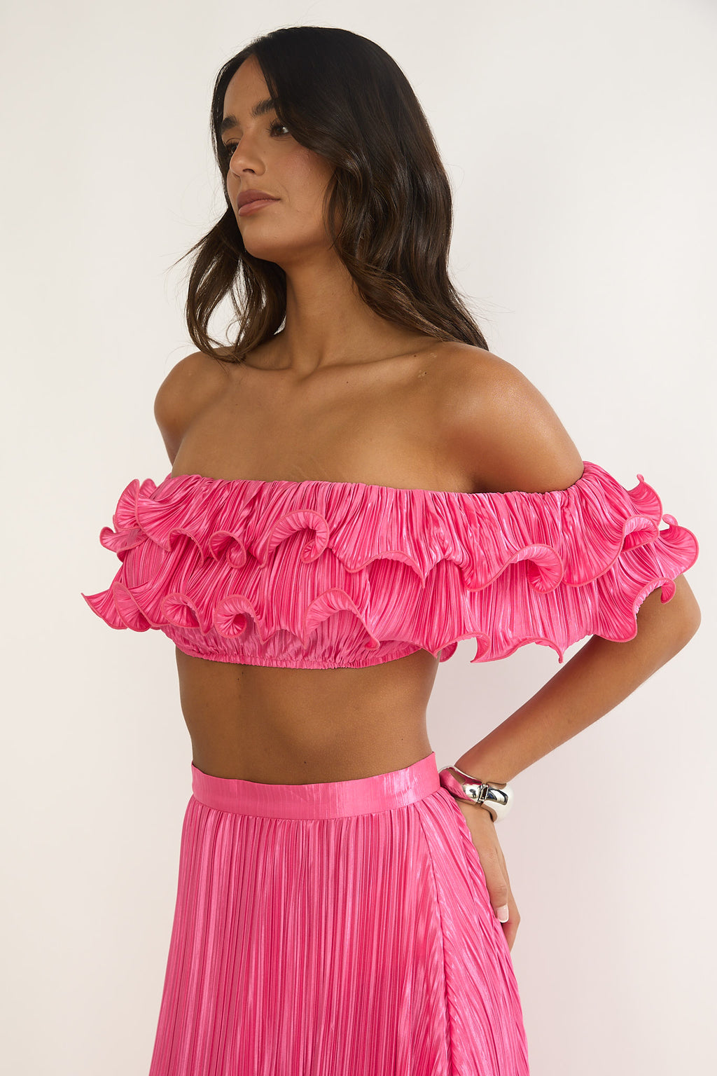 Amaria Off-Shoulder Lettuce Edge Crop Top Hot Pink by Selfie Leslie